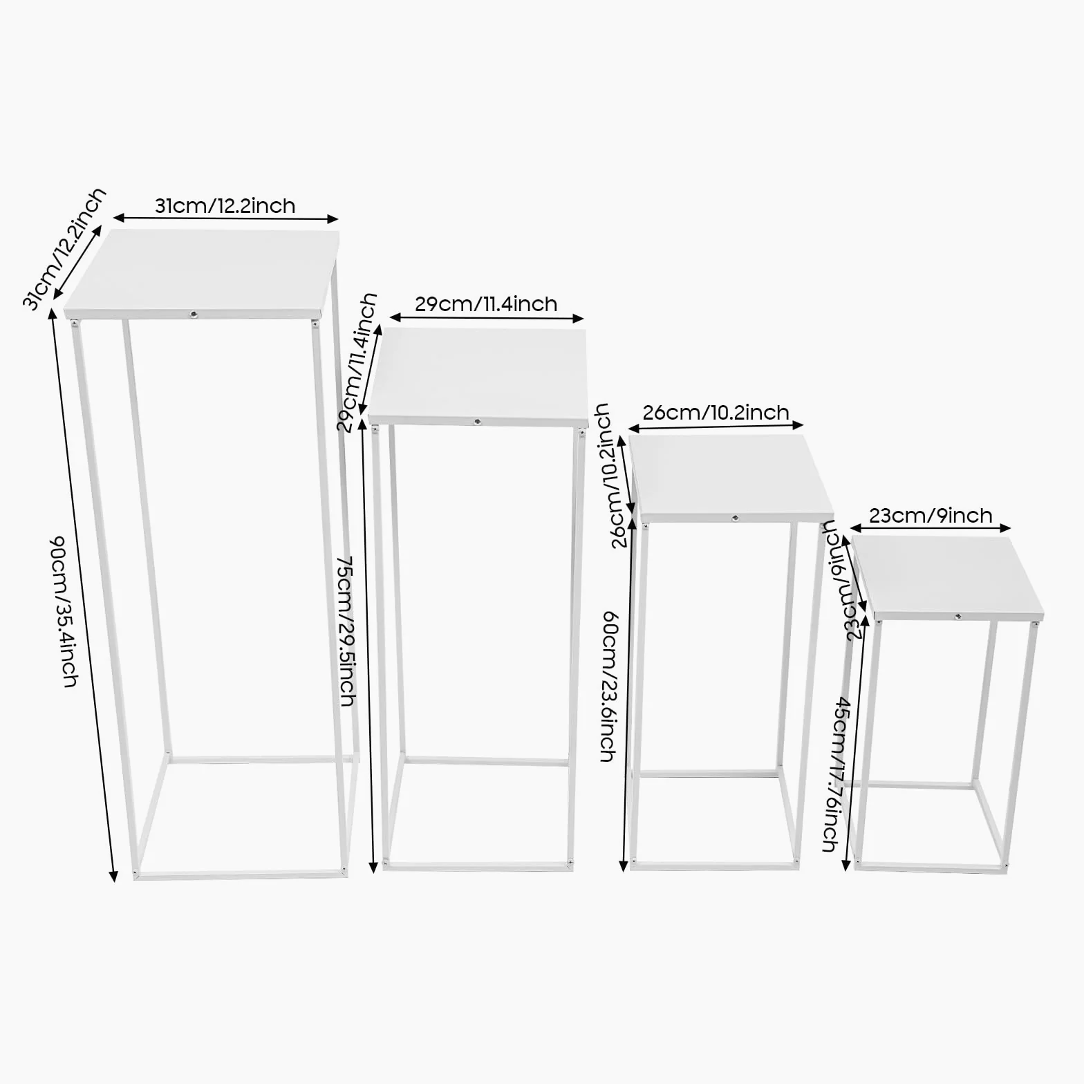 Set di 4 Sgabelli per Fiori, In Metallo, Forma Rettangolare, Supporto Per Colonna Vaso Geometrico Espositore Per Fiori Decorazione a Colonna, Bianco, 4 dimensioni