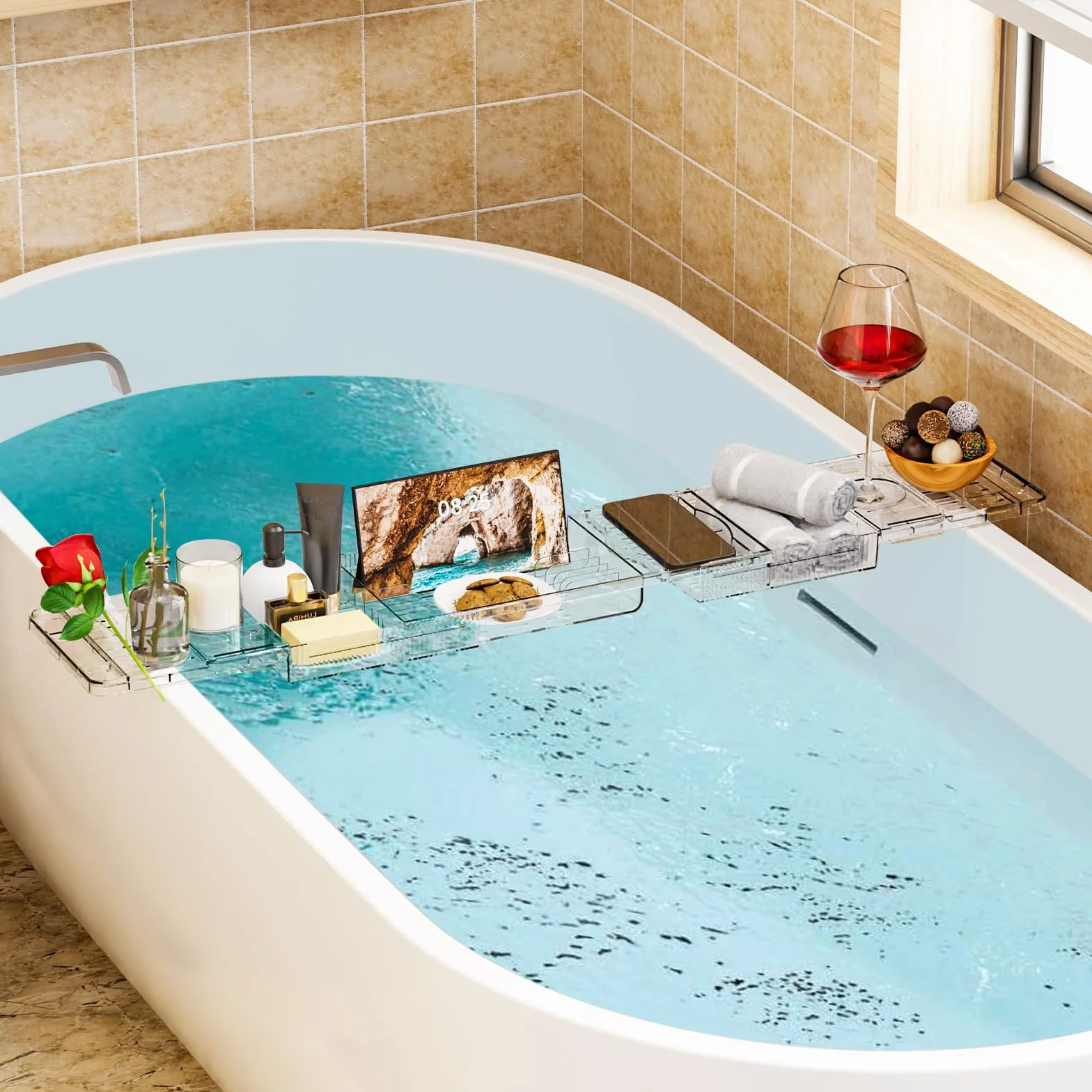 Vassoio per Vasca da Bagno Allungabile in Plastica Trasparente 80-120cm - Mensola con Porta Libro, iPad, Candela - Accessori Relax