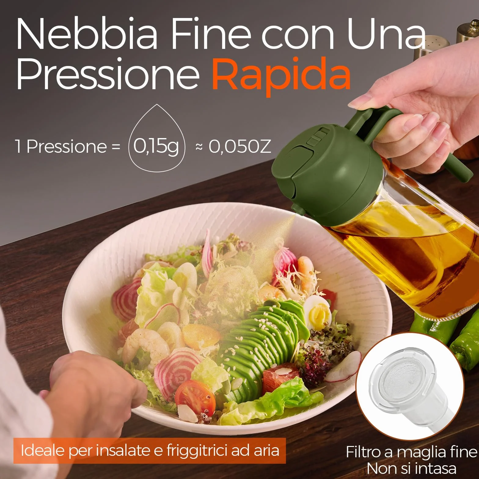YARRAMATE, Spruzzatore per olio da 470 ml per cucinare con adesivi, dispenser di olio d'oliva 2 in 1 di qualità alimentare, per gadget da cucina, insalata, friggere, barbecue, verde oliva