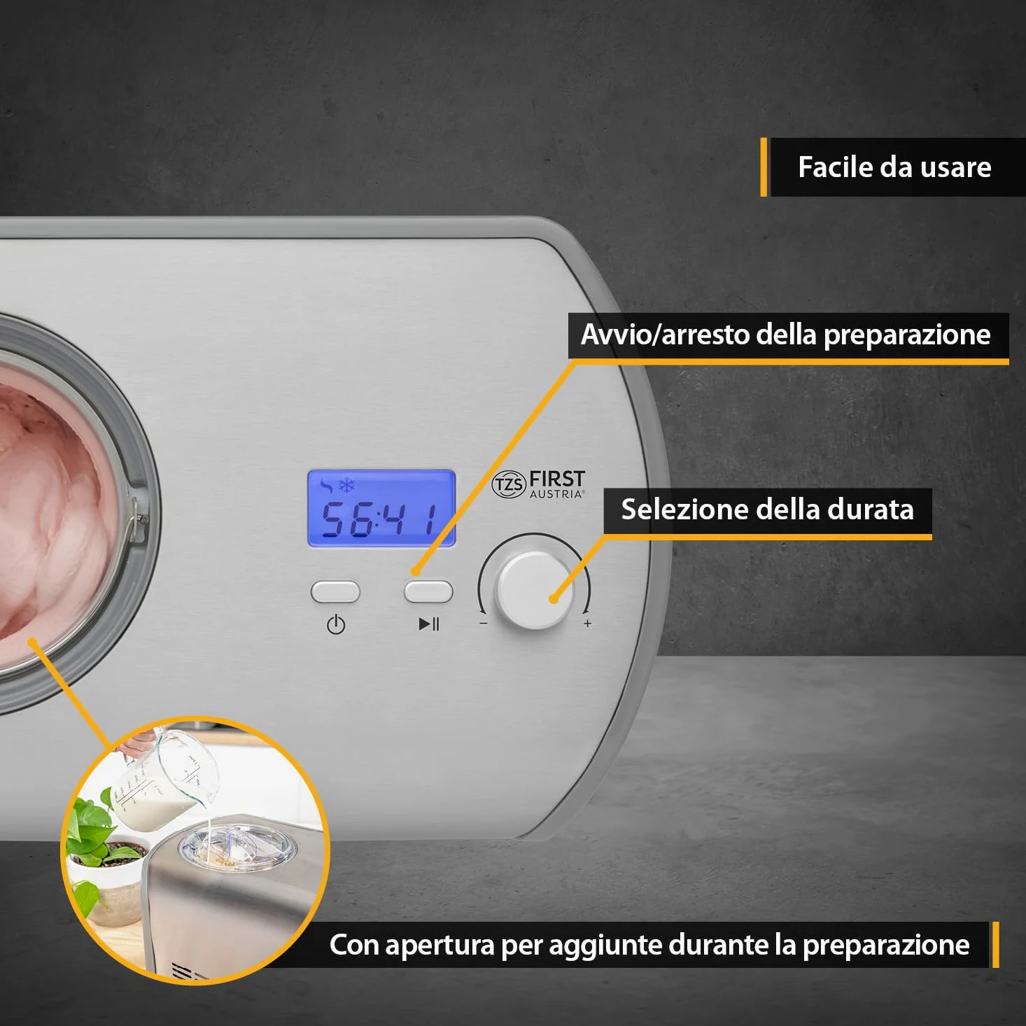TZS First Austria Macchina per Gelato 1,2L - 135W - Compressore e Funzione Raffreddamento - Gelatiera per Gelato, Sorbetto o Frozen Yogurt - Cestello in Acciaio Inox - Grigio