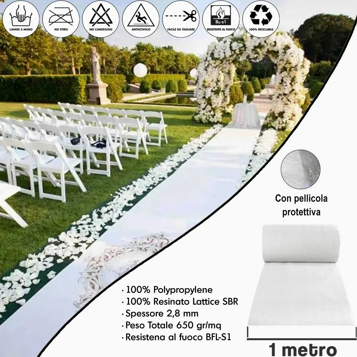 MASTERBRICO Passatoia Bianca Matrimonio, Tappeto Bianco Sposa per Navata Nunziale Chiesa, Cerimonia Festa ed Eventi, con Pellicola Protettiva (1x10mt, BIANCO)