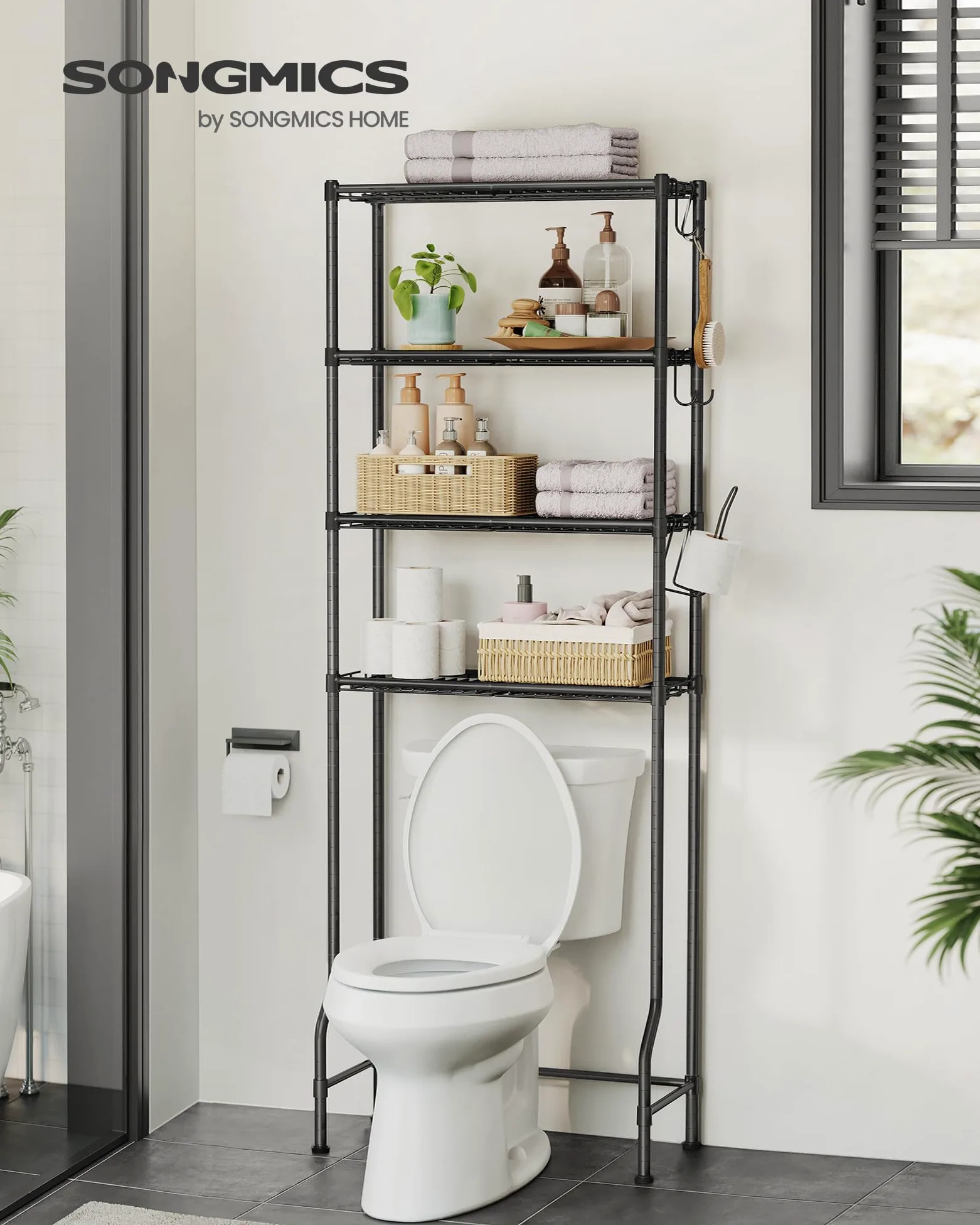 SONGMICS Scaffale sopra WC a 4 Ripiani, Scaffale da Bagno in Metallo, Ripiani Regolabili, con 4 Ganci e Portarotolo, Salvaspazio, 30 x 63 x 176 cm, Nero BTS013B01