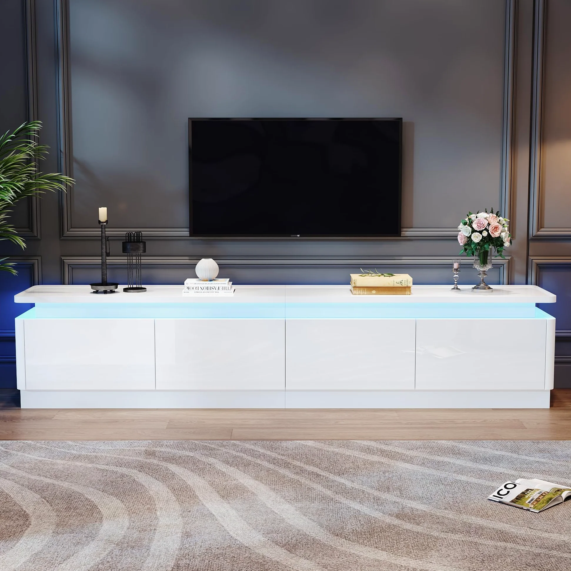 Armadio per TV con 4 cassetti, 180 x 34 x 40 cm, con LED, lucido e tavolo per TV, adatto per TV da 80 pollici (bianco)