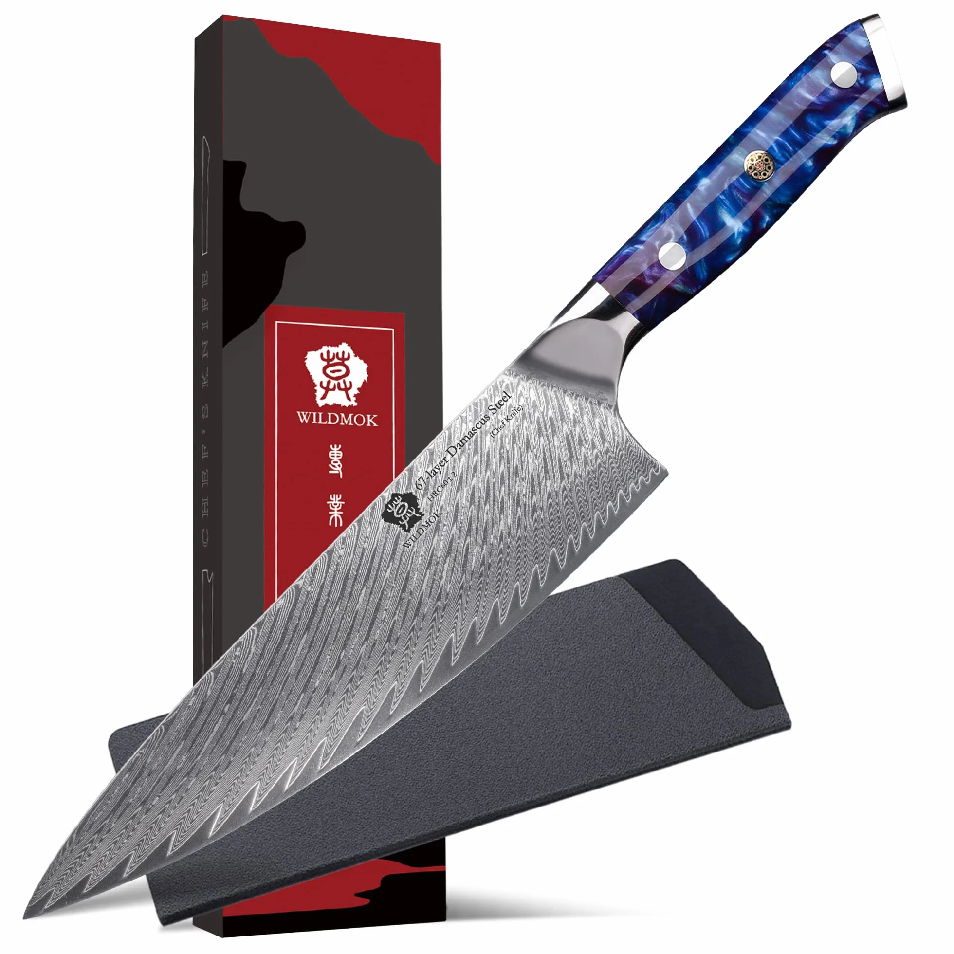 WILDMOK Coltello da Chef 20 cm, Super Acciaio 67 Strati Damasco Rasoio Affilato, Blu e Verde Mix Manico in Resina Full Tang