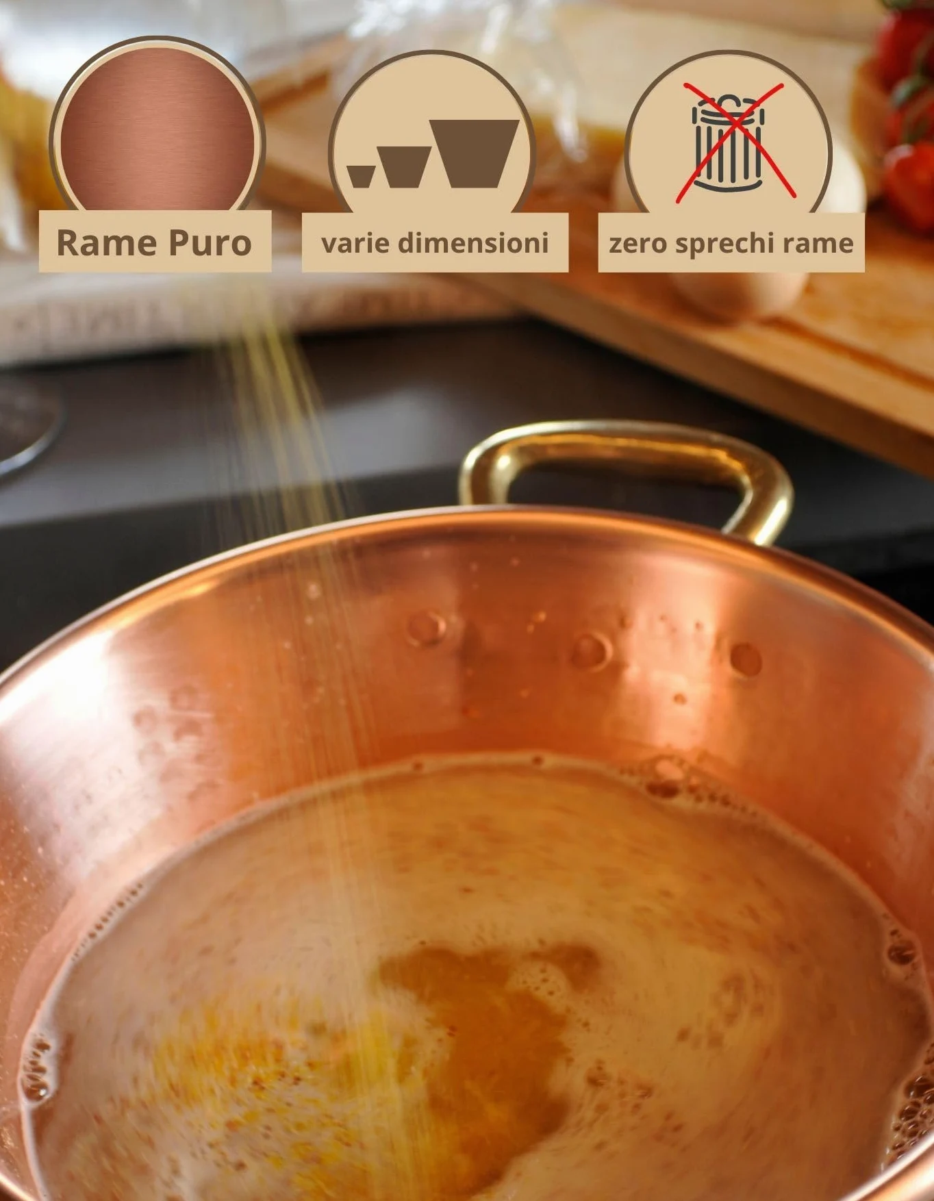 RAME PURO Paiolo per Polenta in Rame Induzione - 23 cm, 2,5L, Manico Ottone, 2/3 Persone, anche per Marmellata, Formaggi, Fondo Saldato Argento, Martellato a Mano – Made in Italy