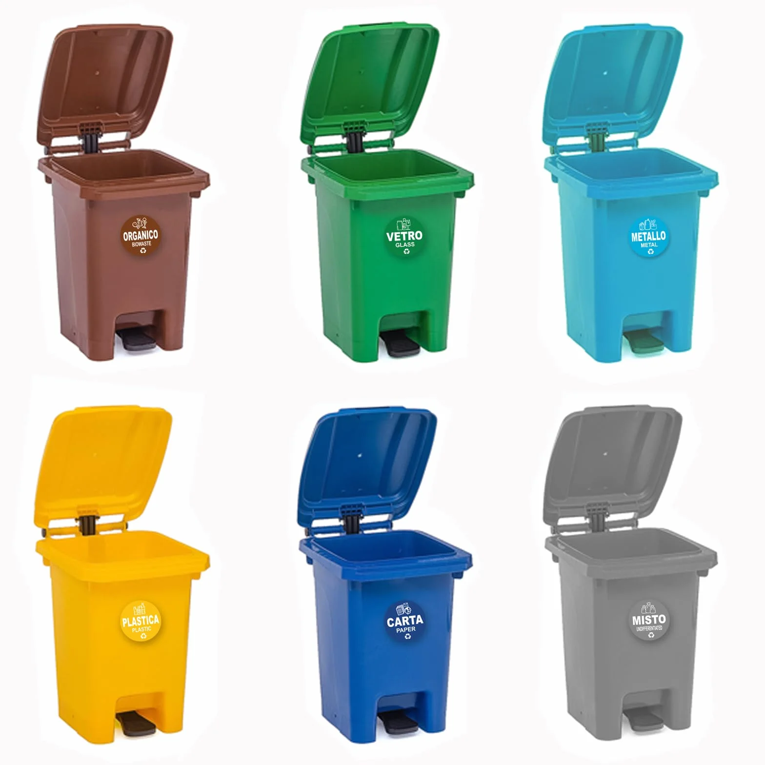 12 Adesivi Raccolta Differenziata Formato 9.5 cm di diametro - Etichette per Contenitori Rifiuti in Italiano e Inglese - Adesivo per Riciclo Lavabile Antigraffio Resistente