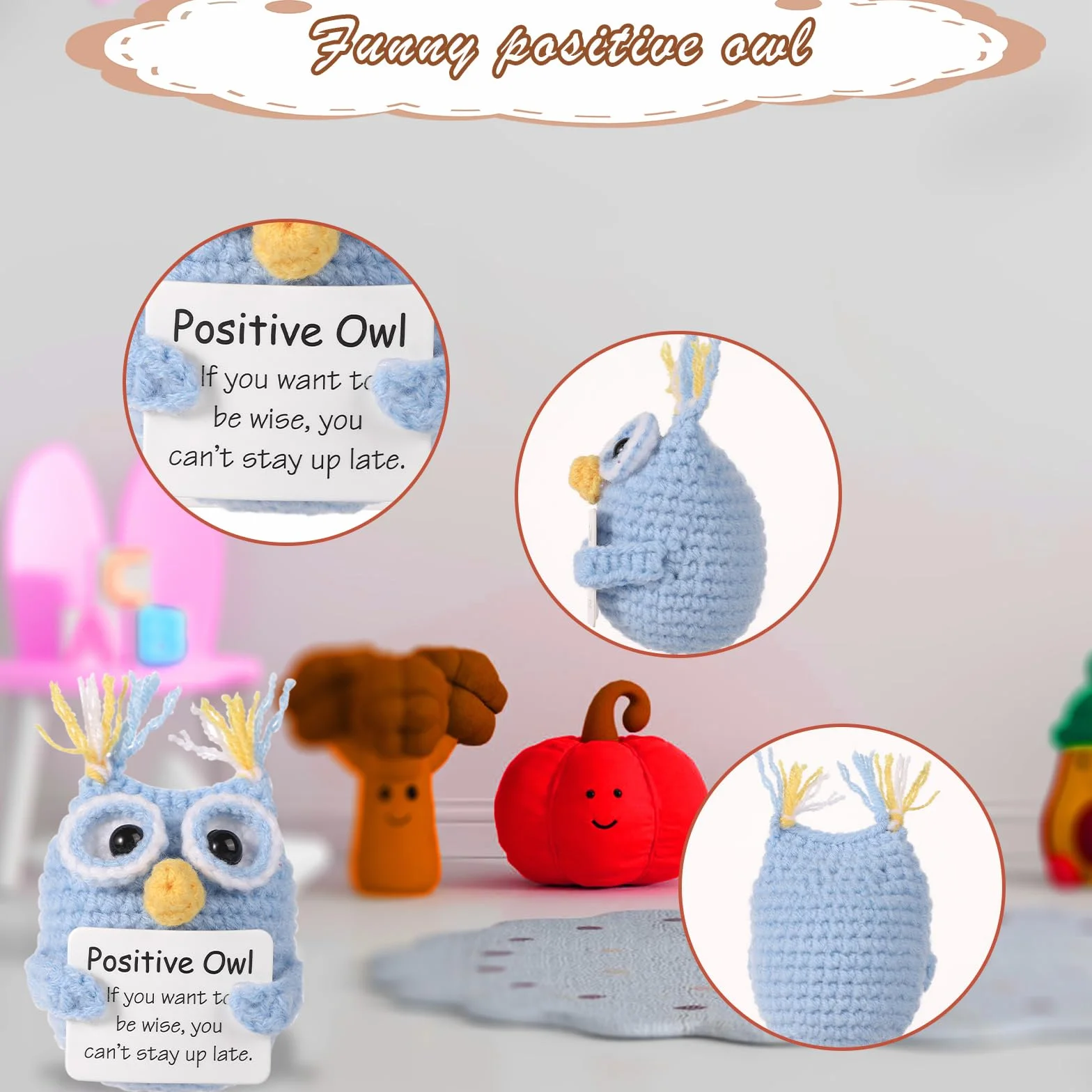 lasuroa Divertente Gufo Positivo All'Uncinetto, 7cm Simpatici Mini Bambola Lavorata a Maglia con Carta di Affermazione Ispiratrice Regalo di Incoraggiamento per Compleanno Bambini Feste Decorazioni