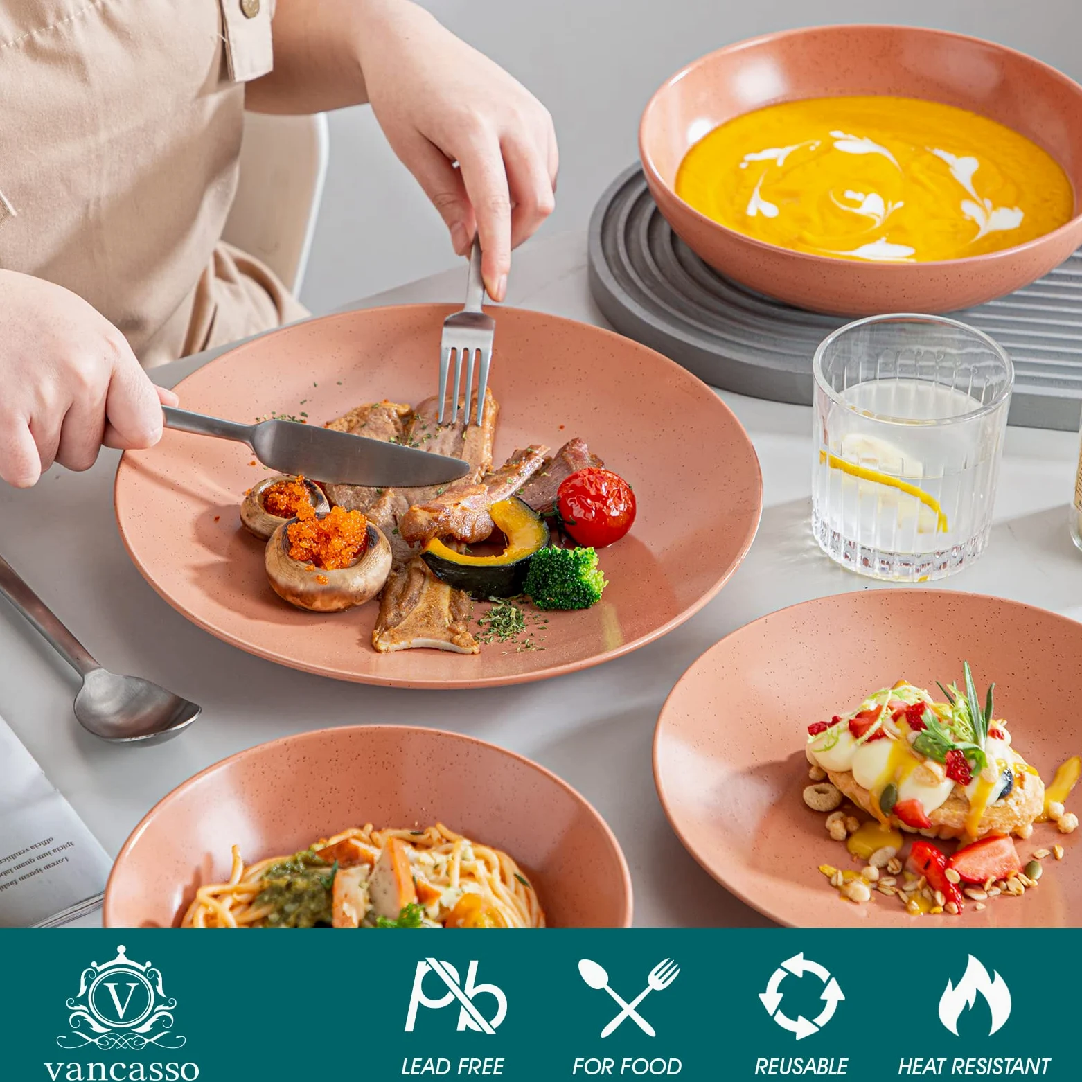 vancasso Sabine Set di stoviglie da 32 pezzi in gres, set di piatti semi-opachi, 8 Piatti Piani, 8 Piatti Dessert, 8 Piatti Fondi e 8 Ciotole Cereali servizio per 8 persone, terracotta