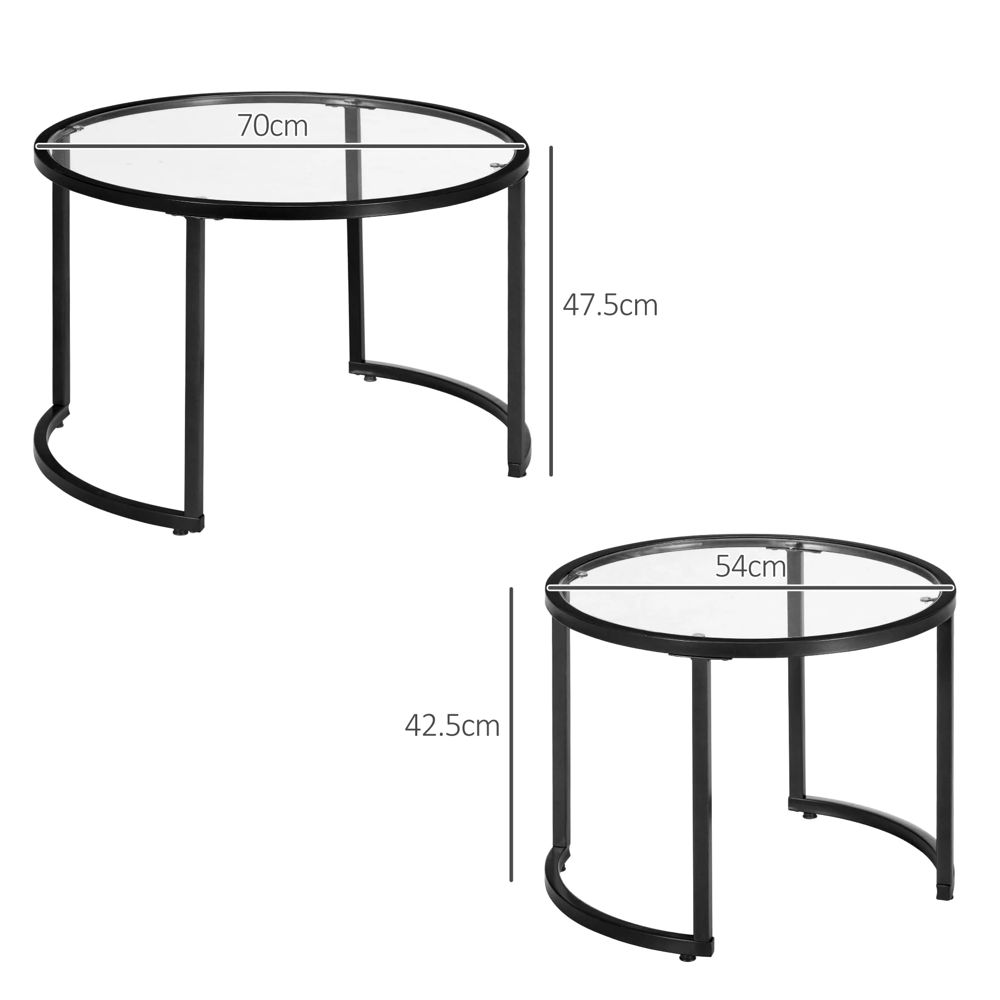 HOMCOM Set di 2 Tavolini da Caffè Impilabili Ø70x47.5cm e Ø54x42.5cm Nero | Sovrapponibili, Tavolini Bassi Rotondi da Salotto, Vetro Temperato e Acciaio, per Soggiorno Camera e Ufficio
