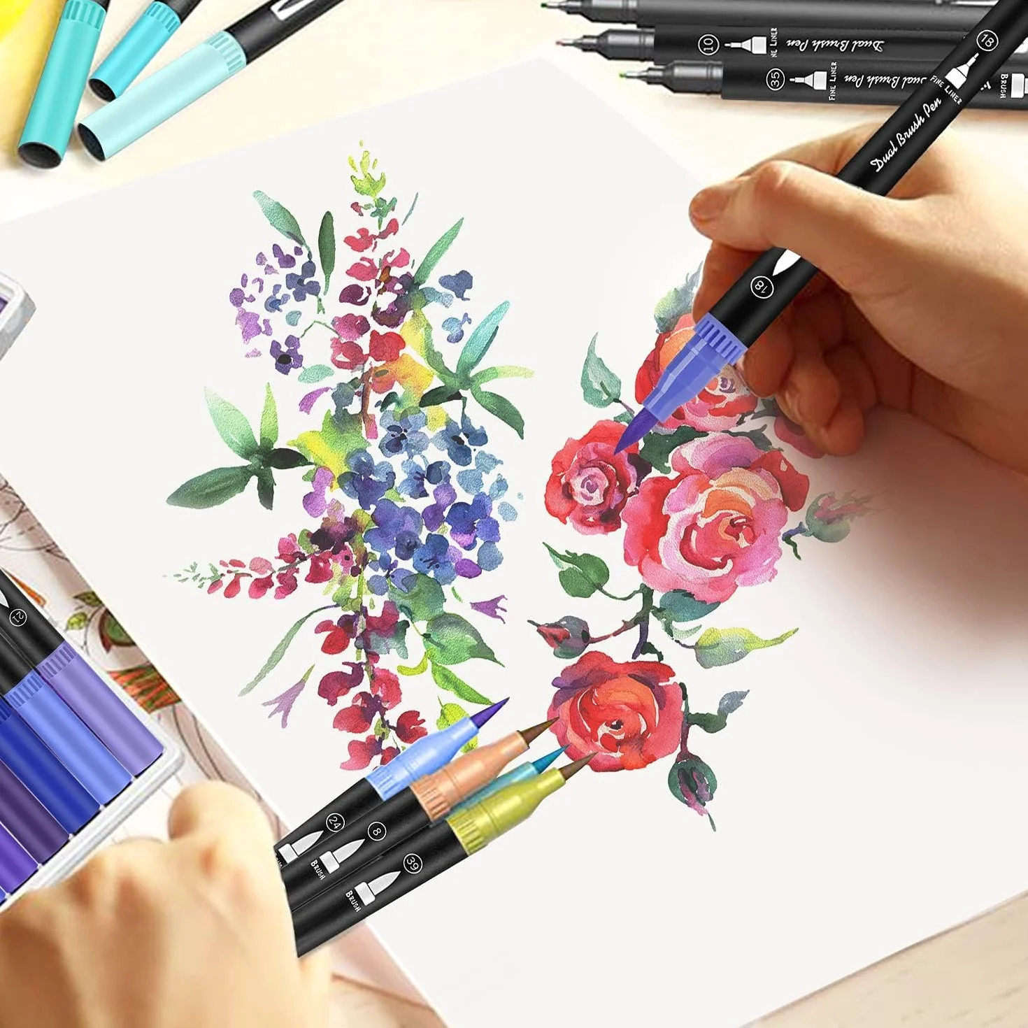 Peakness Pennarelli Doppia Punta Brush Pen, 40 Colori, Punta Fine 0,4 mm e 1-4 mm, per Calligrafia e Disegno