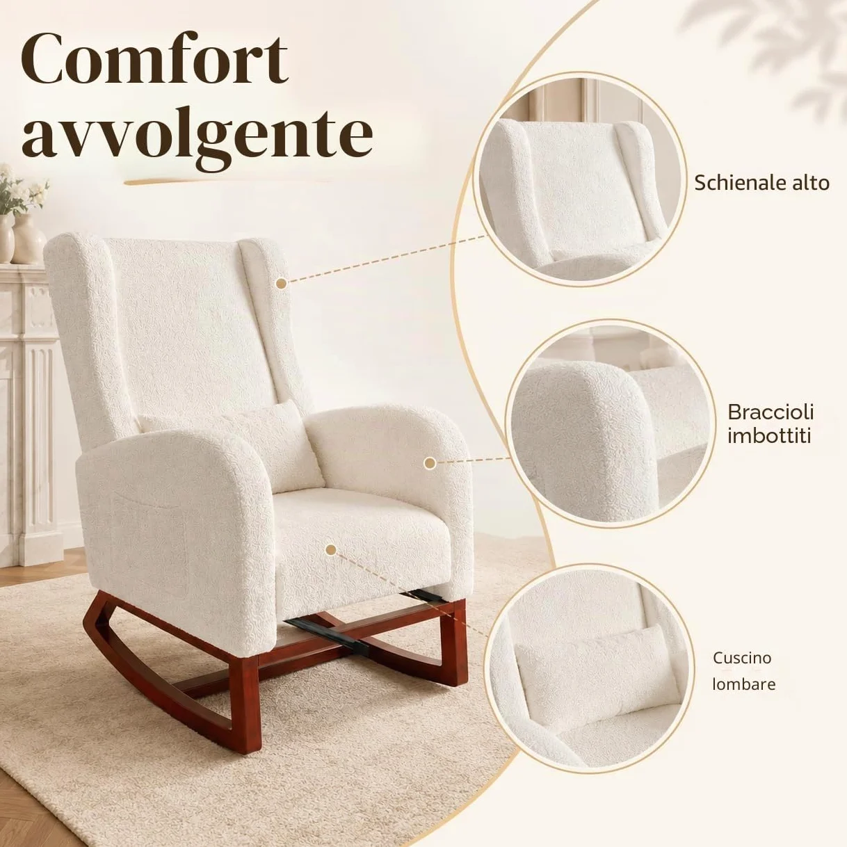 Poltrona a dondolo con poggiapiedi, sedia a dondolo, poltrona a dondolo relax a dondolo cuscino lombare, con tasca laterale e braccioli, sedia a dondolo camera (Sherpa, bianco sporco)