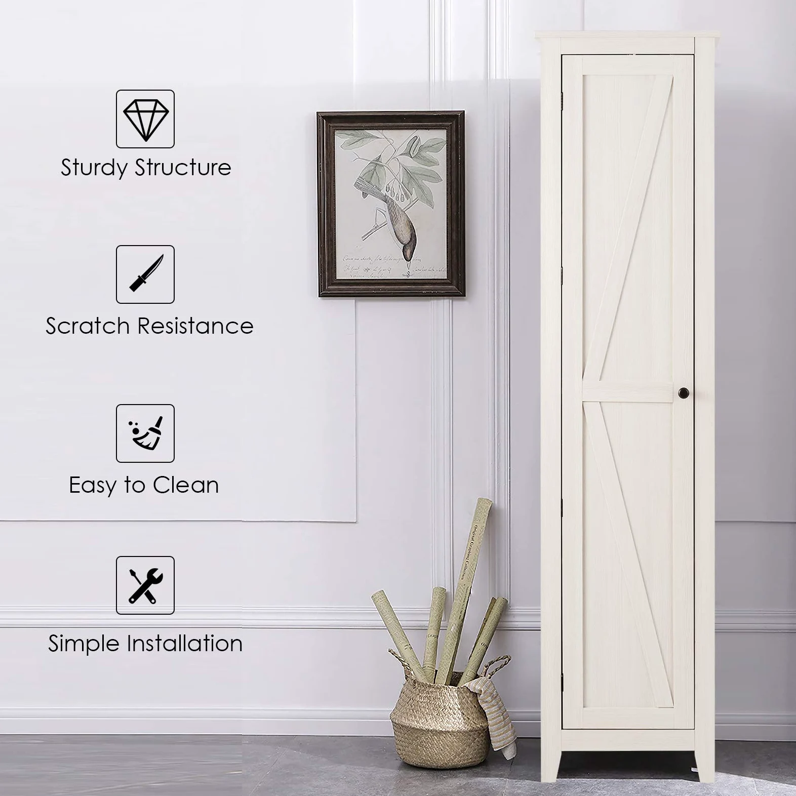 GIANTEX Armadietto alto da 183 cm, armadio stretto per bagno con 1 porta e 4 ripiani, armadio per la conservazione per cucina, soggiorno e bagno, armadio da cucina indipendente (Bianco)