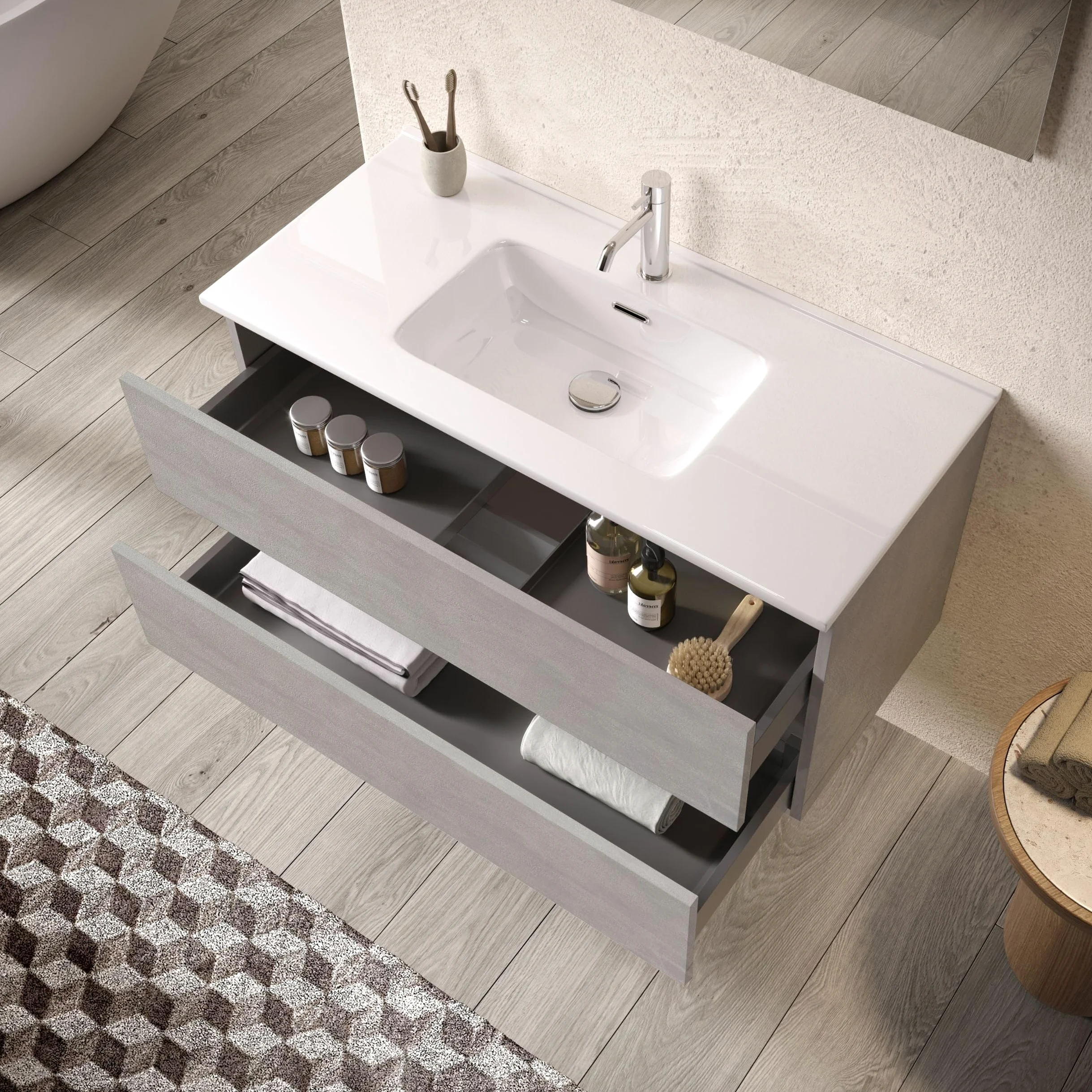 AQA DESIGN accessori casa composizione bagno, nr2 cassetti con scorrimento e chiusura soft close, maniglia a gola in melaminico, nr1 lampada led a - Bianco - 101x46,5x190 cm