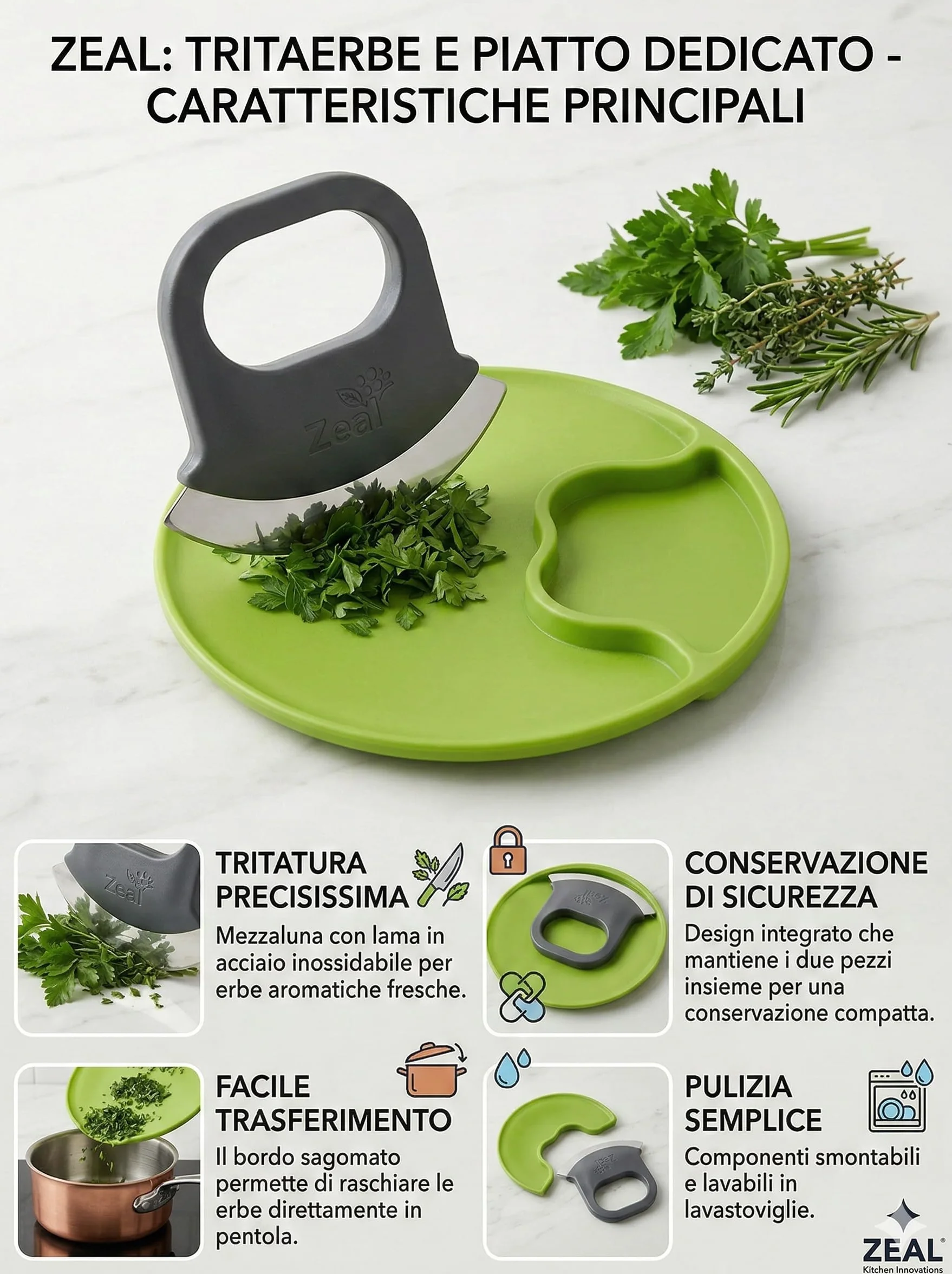 BERARDI B.INTERIORS | Set Tritatutto con Coltello Mezzaluna e Tagliere Curvo, Verde, Acciaio Inox, Design Compatto Salvaspazio con Base Antiscivolo