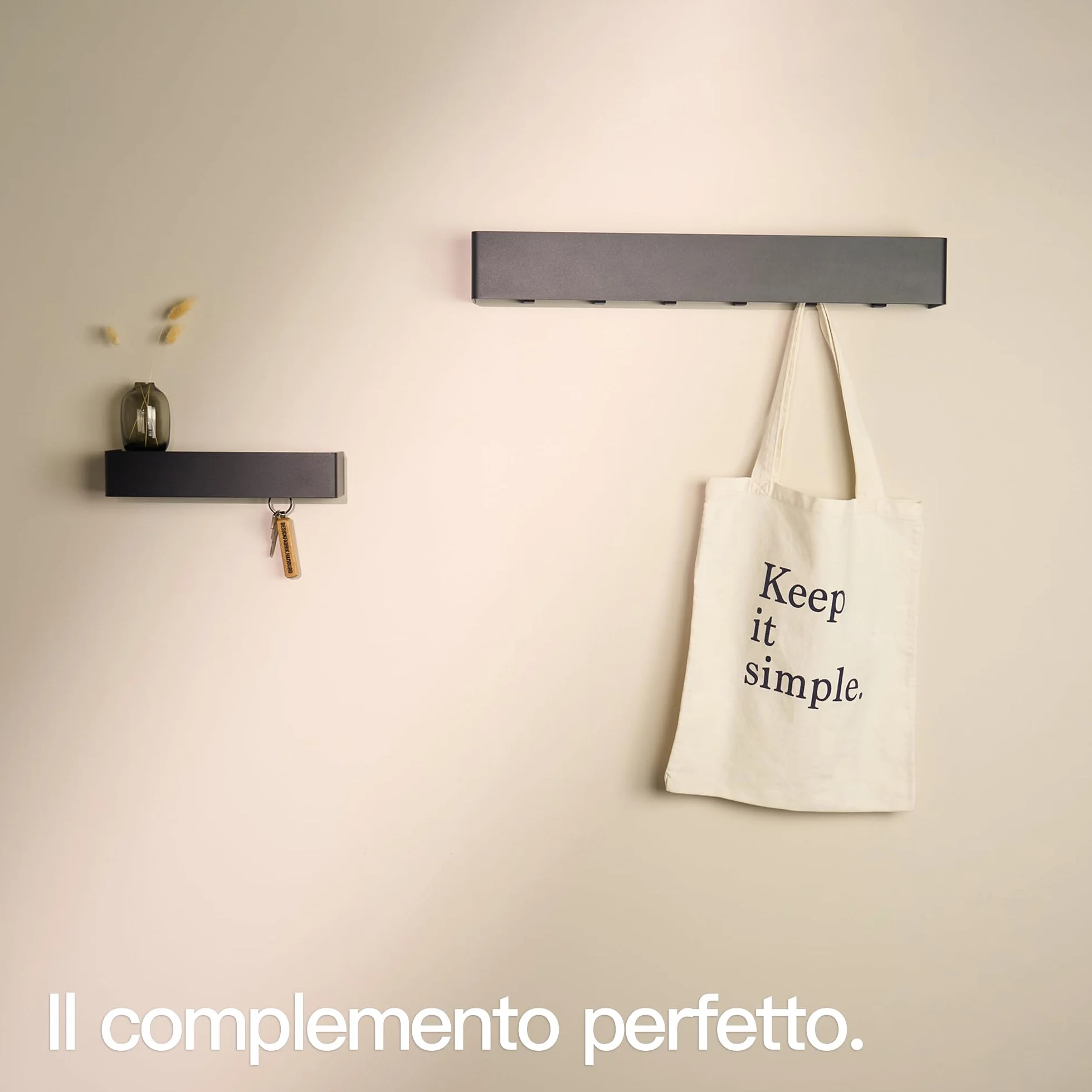 Design Amburgo Portachiavi da Parete Moderno con Ripiano | Ganci Portachiavi da Muro in Alluminio Nero Opaco