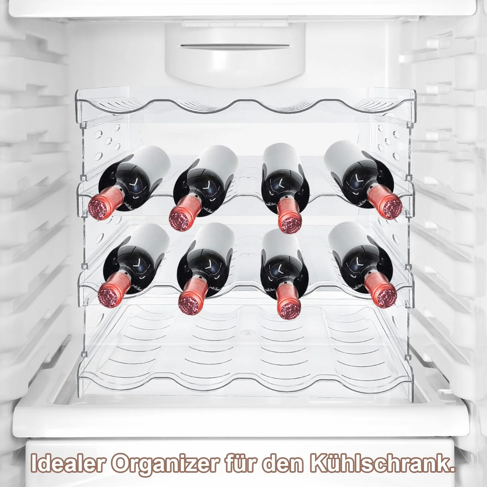 4 Livelli Porta Bottiglie Frigorifero, Contiene 16 Bottiglie, in Plastica, Portabottiglie Frigo Impilabile, Rimovibile, Adatto per Bottiglie, Bevande, Bicchieri (Trasparente)