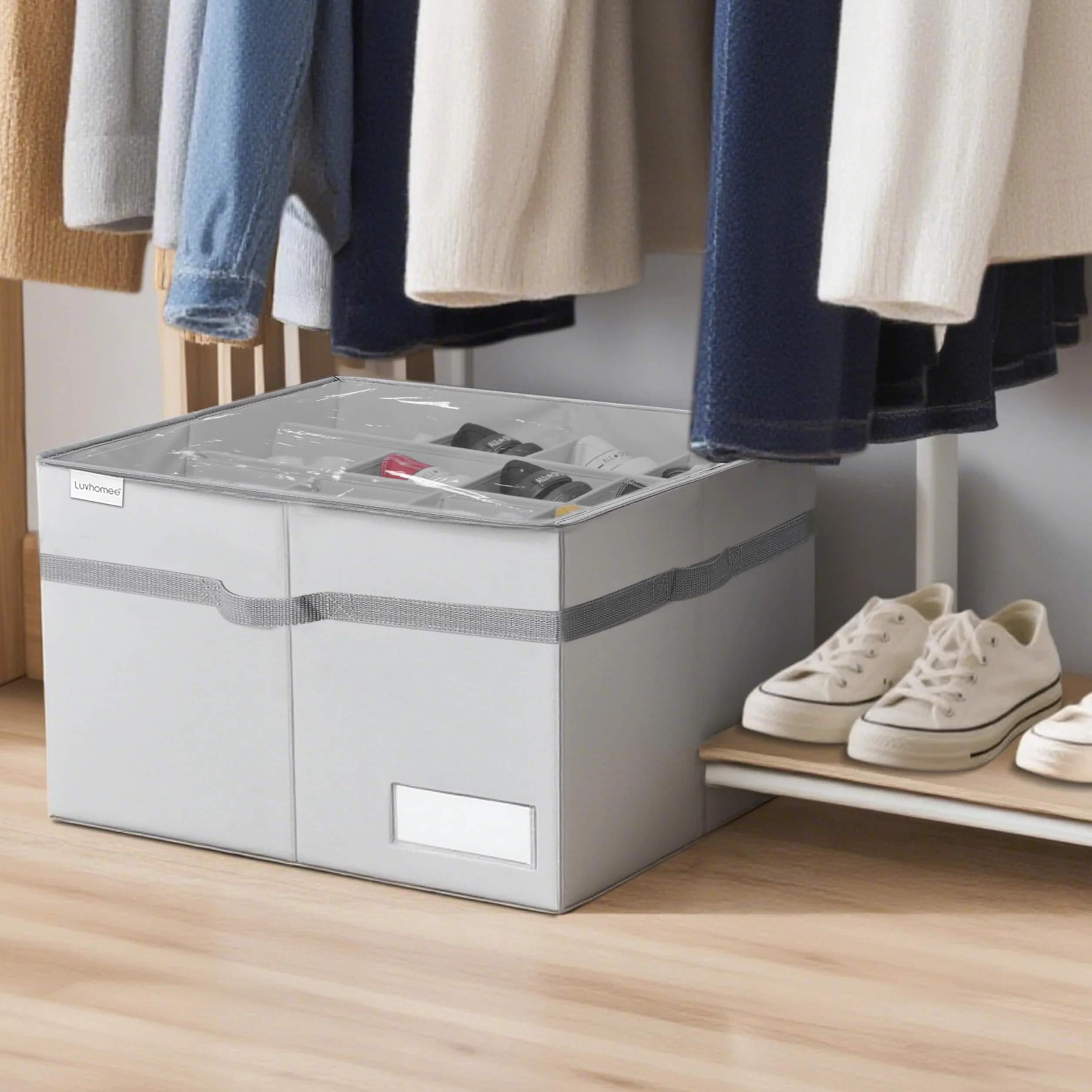 Organizer Scarpe Pieghevole per Armadio, Contenitore 16 Paia, Trasparente con Manici Rinforzati, Grigio