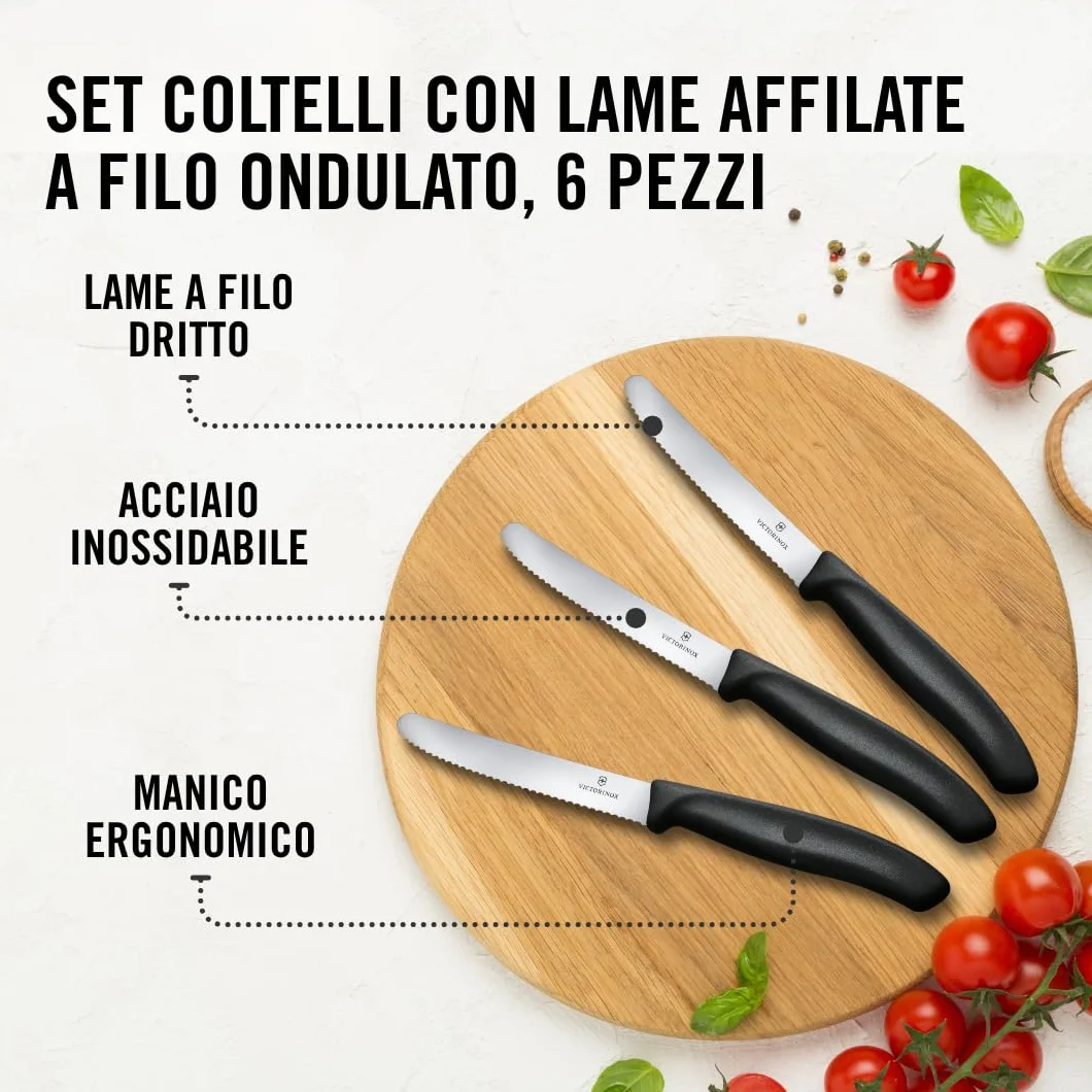 Victorinox Swiss Classic Coltello da colazione Coltello da pane 11 cm Acciaio inossidabile Set 6 Pezzi Nero