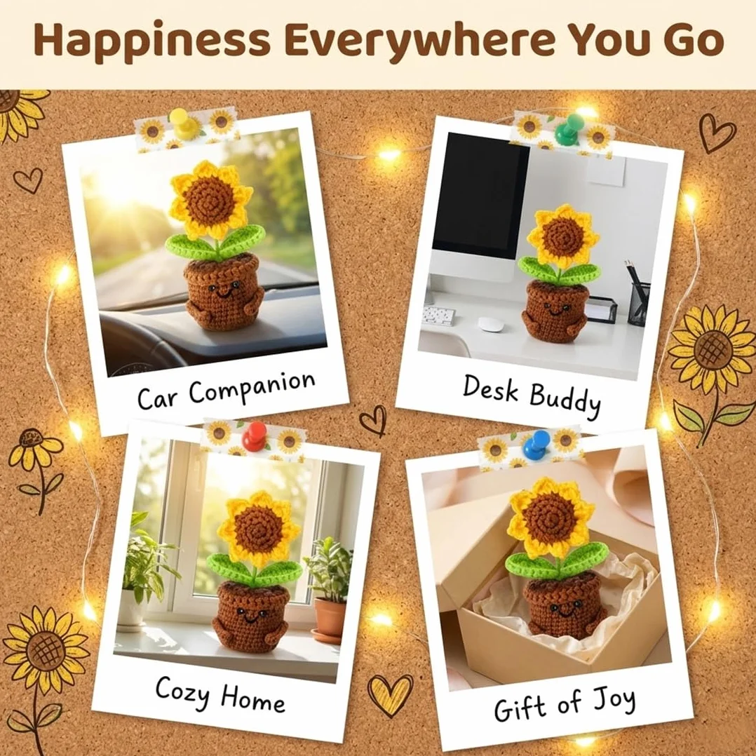 Positive Girasole Idea Regalo Compleanno- Creative Knitted Positive Girasole Doll- Gadget Scrivania Carino Portafortuna, Regali Originali per Laurea Collega Sorella Amica Ufficio
