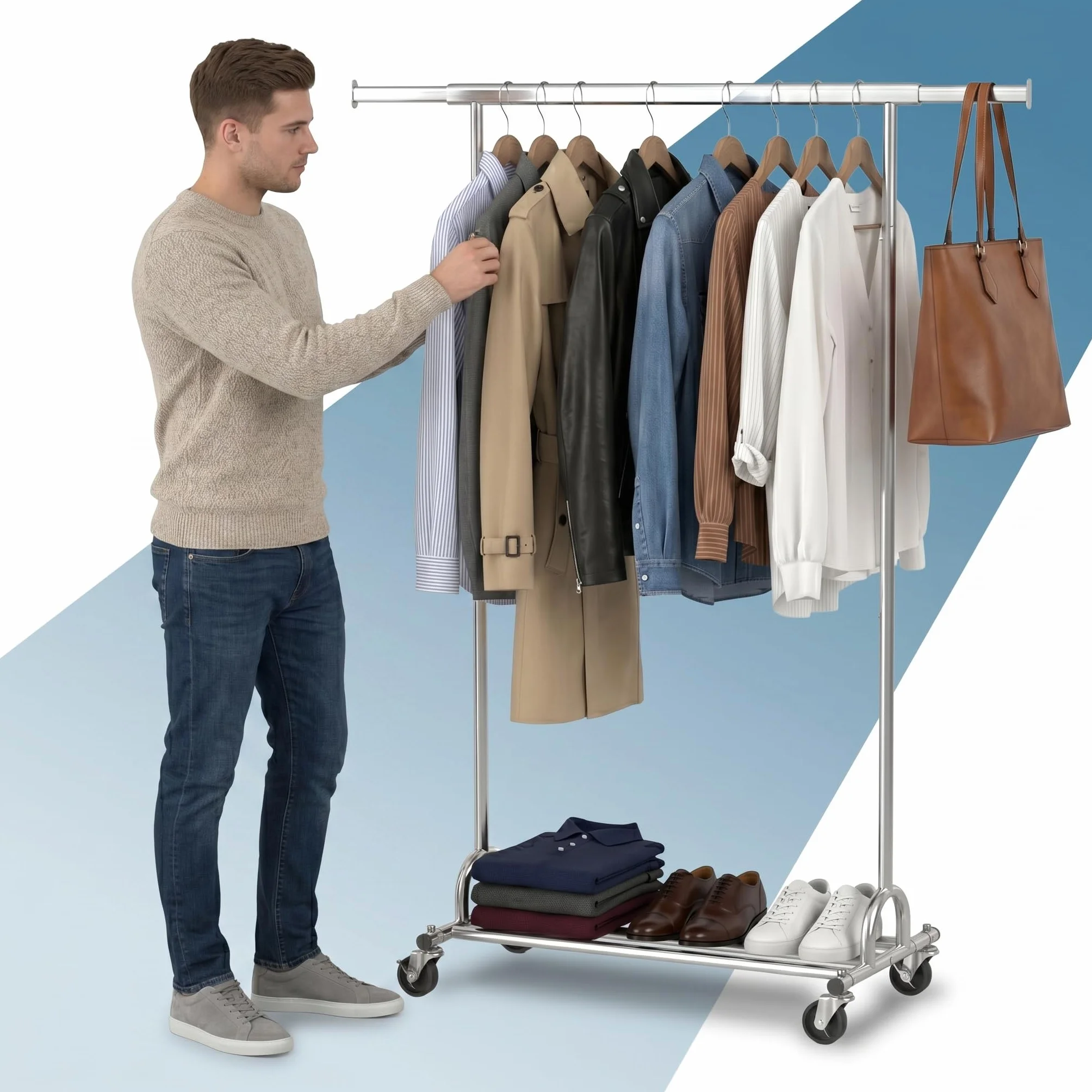 PORTENTUM Stand appendiabiti da terra robusto estensibile con ruote e freni – Fino a 180 kg – Porta abiti in acciaio 45 x (92-132) x 161,5 cm – Ripiano inferiore