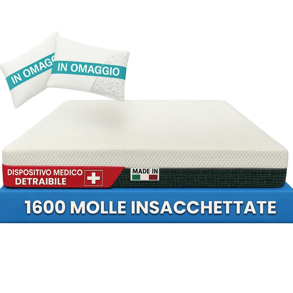 Francegaglia® Materasso matrimoniale 1600 Molle Insacchettate & Memory con Fascia 3D Traspirante + 2 Cuscino in Fiocco di Memory - Altezza 25cm - Dispositivo Medico Detraibile 160x190