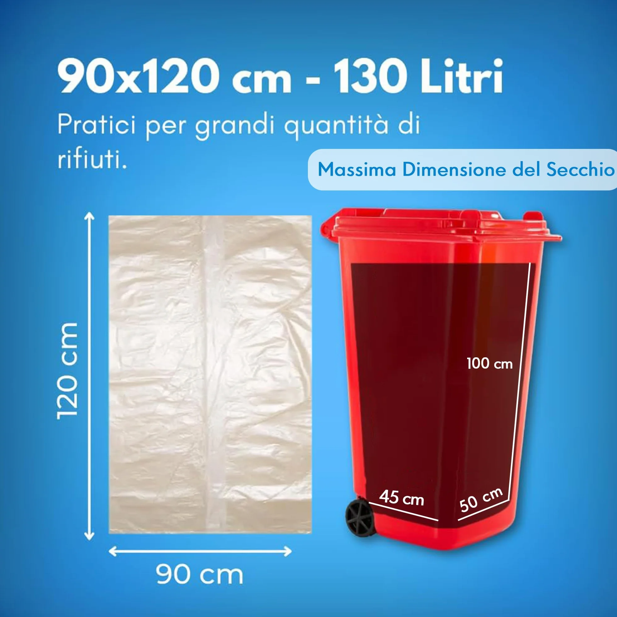 GM 80 Sacchi Ambra Trasparenti Grandi Resistenti misura 90x120 cm in Plastica HDPE, 130 litri, Sacchetti indifferenziata, Buste spazzatura, Bustoni immondizia condominiali, 8 Rotoli da 10 Buste