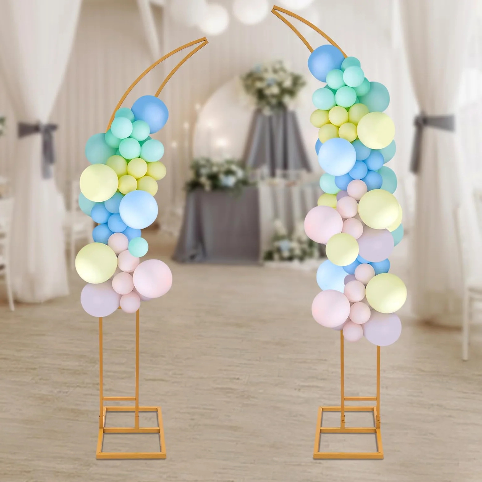Set di 2 supporti per arco per matrimonio, arco di fiori a forma di mezza luna, supporto per sfondo in metallo, 2,1 m e 1,9 m, ideale per matrimoni, compleanni e feste (oro)