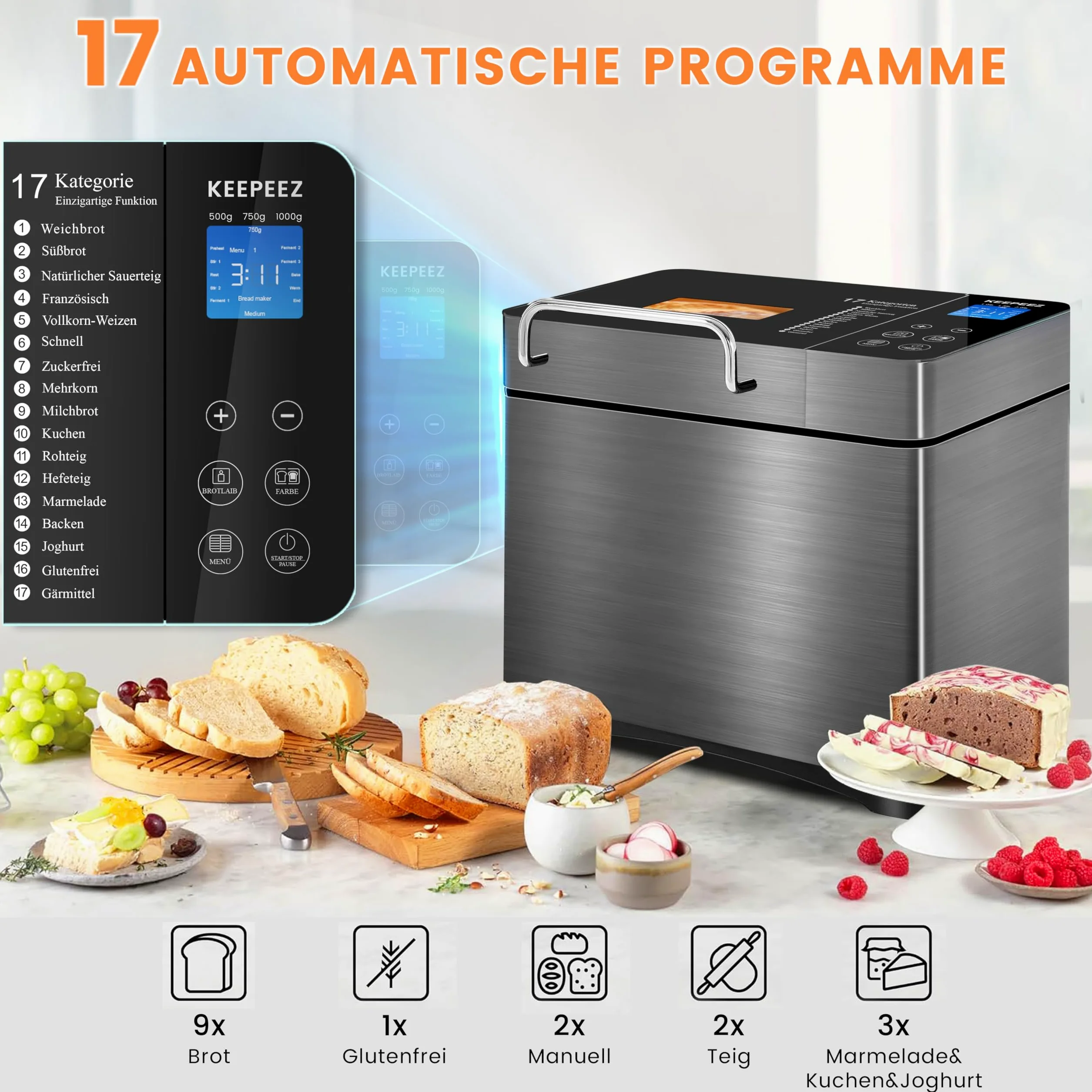 Macchina per il pane di alta qualità in acciaio inox con stampo sano in ceramica, touch screen intelligente e doppi sensori di temperatura, 17 programmi automatici, distributore automatico di