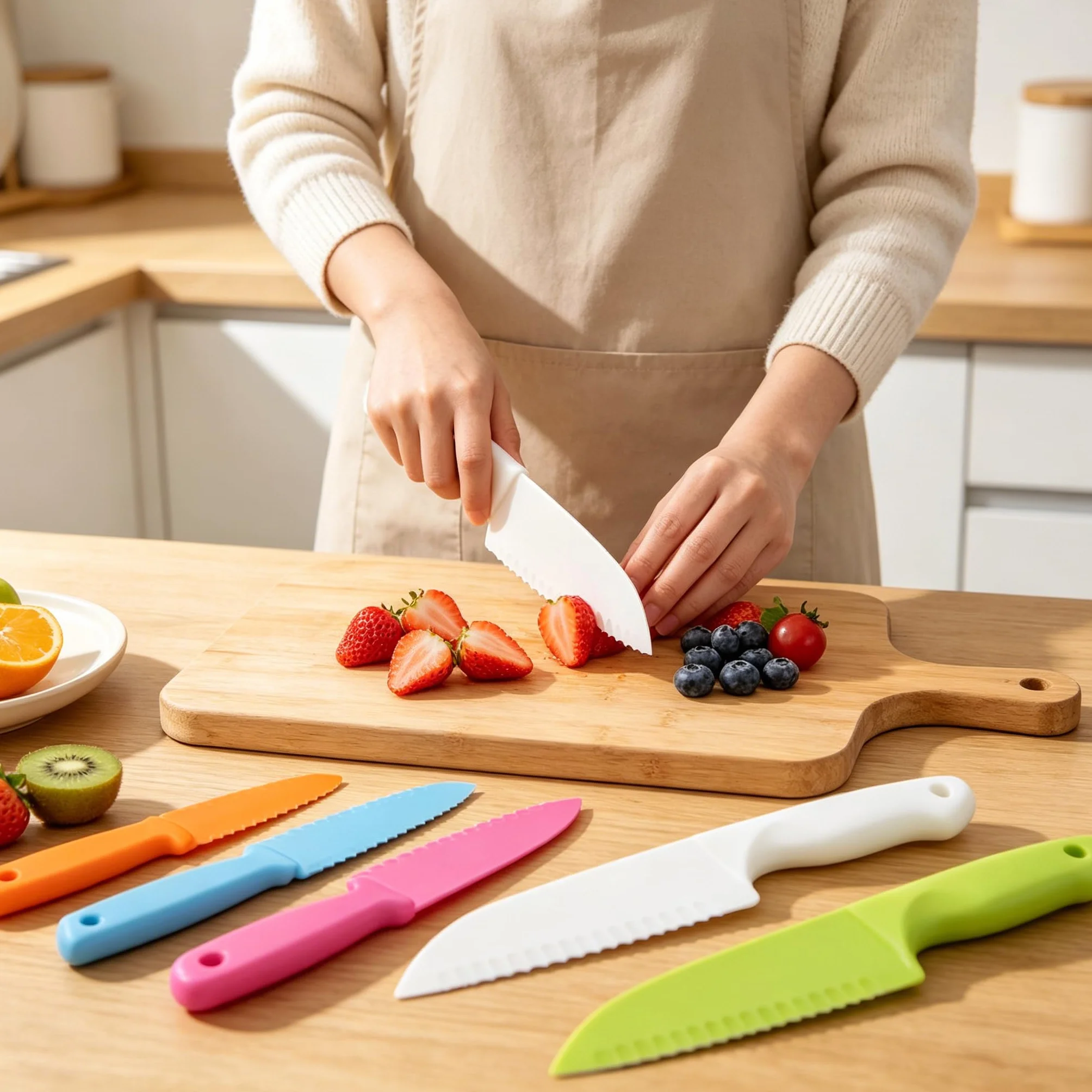 SelfTek 9 pezzi Set di coltelli da cucina in plastica per bambini Chef di cucina sicuro per bambini Coltelli per pane alla frutta