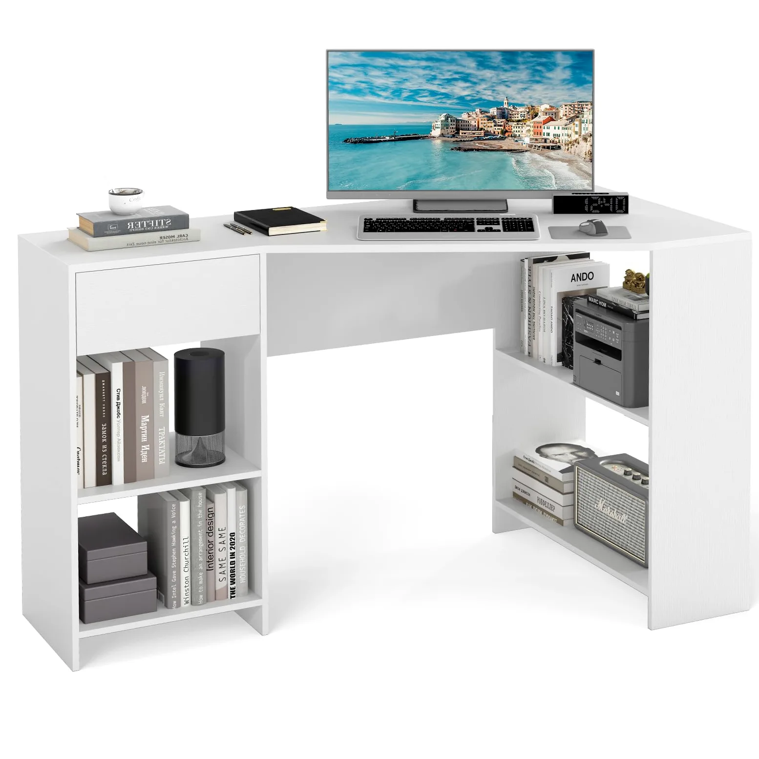 COSTWAY Scrivania ad Angolo per Computer 120 x 60 cm, Scrivania a Forma di L con Ripiani e Cassetto, Scrivania Angolare Gaming Salvaspazio per Ufficio, Studio e Cameretta, Bianco