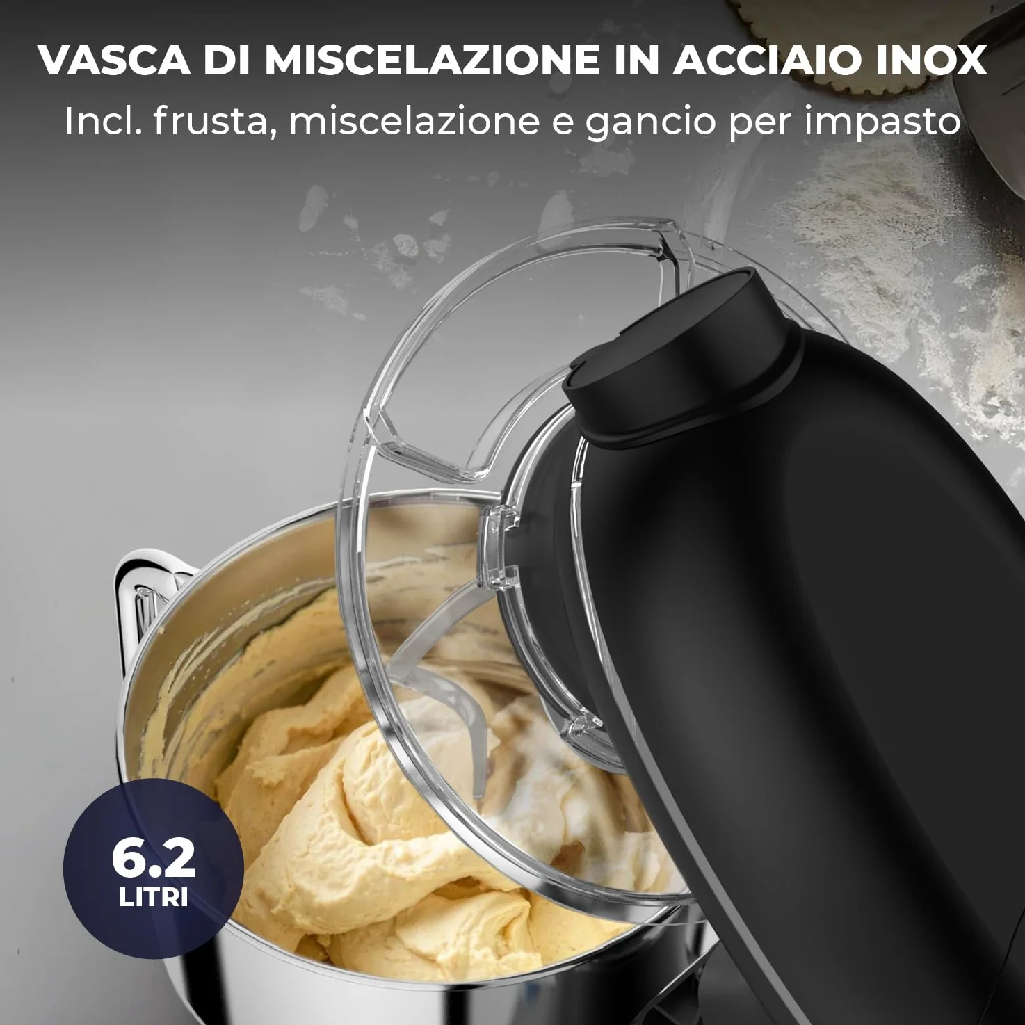 Impastatrice Planetaria con Macchina per la Pasta – 2000W – Robot da Cucina con Macchina per Pasta Fresca – Macchina Pasta - 6,2L Ciotola in Acciaio Inossidabile (Nero)