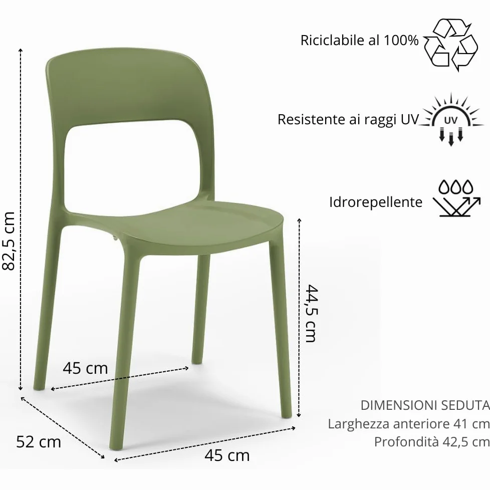 REDÒKASA Set 4 sedie in polipropilene KATE, impilabile, resistente ai raggi UV, design moderno, ideale per sala da pranzo, cucina, sala d’attesa, bar, ristoranti o da esterno (4, Verde Oliva)