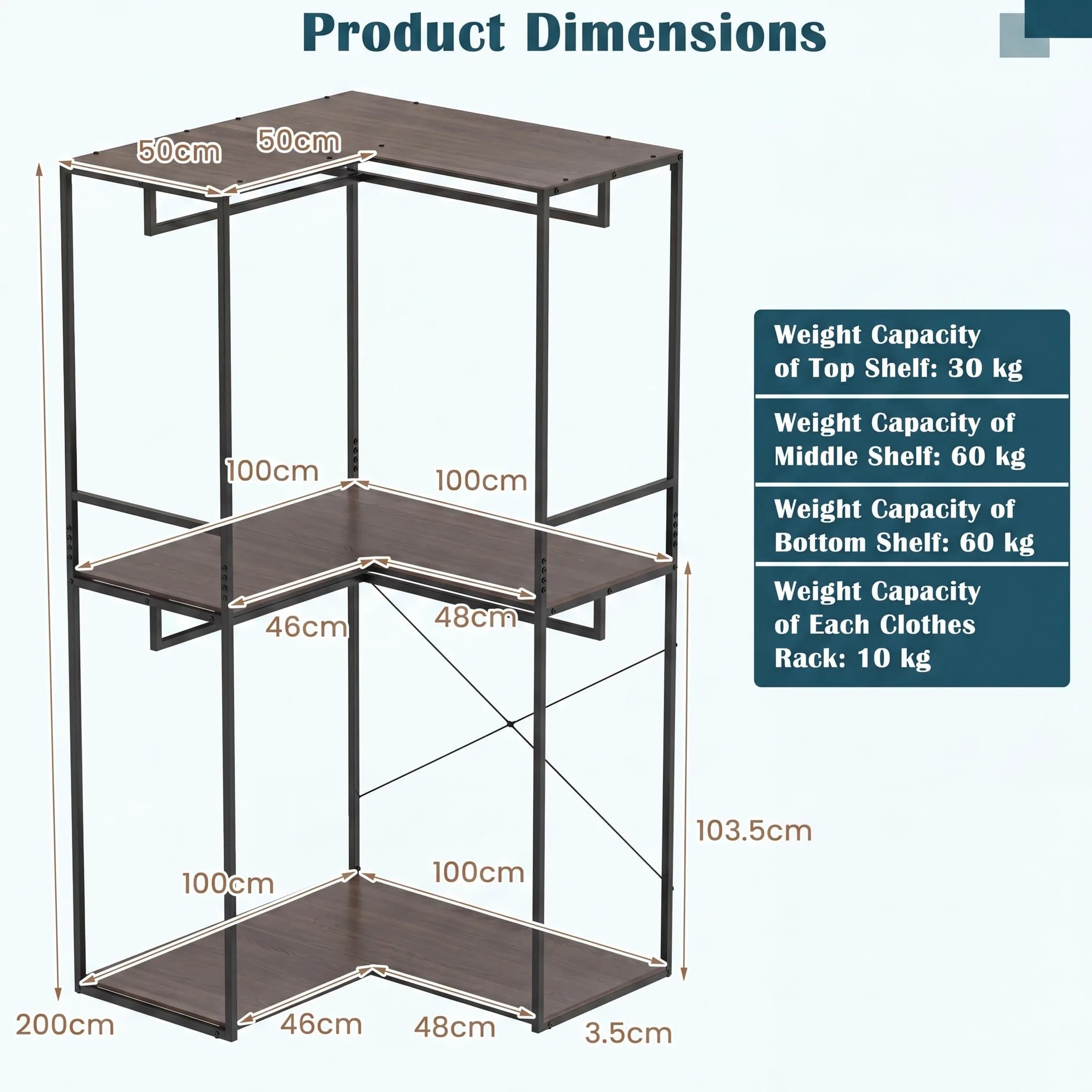 HOMASIS Stand Appendiabiti Angolare, Attaccapanni da Terra con 3 Ripiani Aperti, 4 Barre Portabiti, Guardaroba Industriale con Struttura in Metallo per Ingresso e Camera da Letto, 100 x 100 x 200 cm