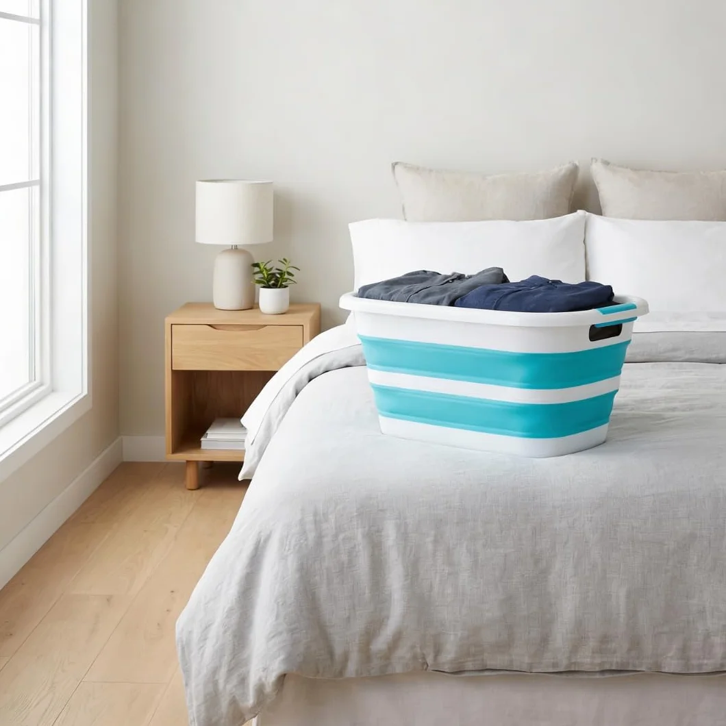 Edihome, Bacinella Pieghevole 26 L – Bacinella Bucato e Organizer Lavanderia Compatta – Cesto Portabiancheria Salvaspazio per Casa e Lavanderia (Turchese)