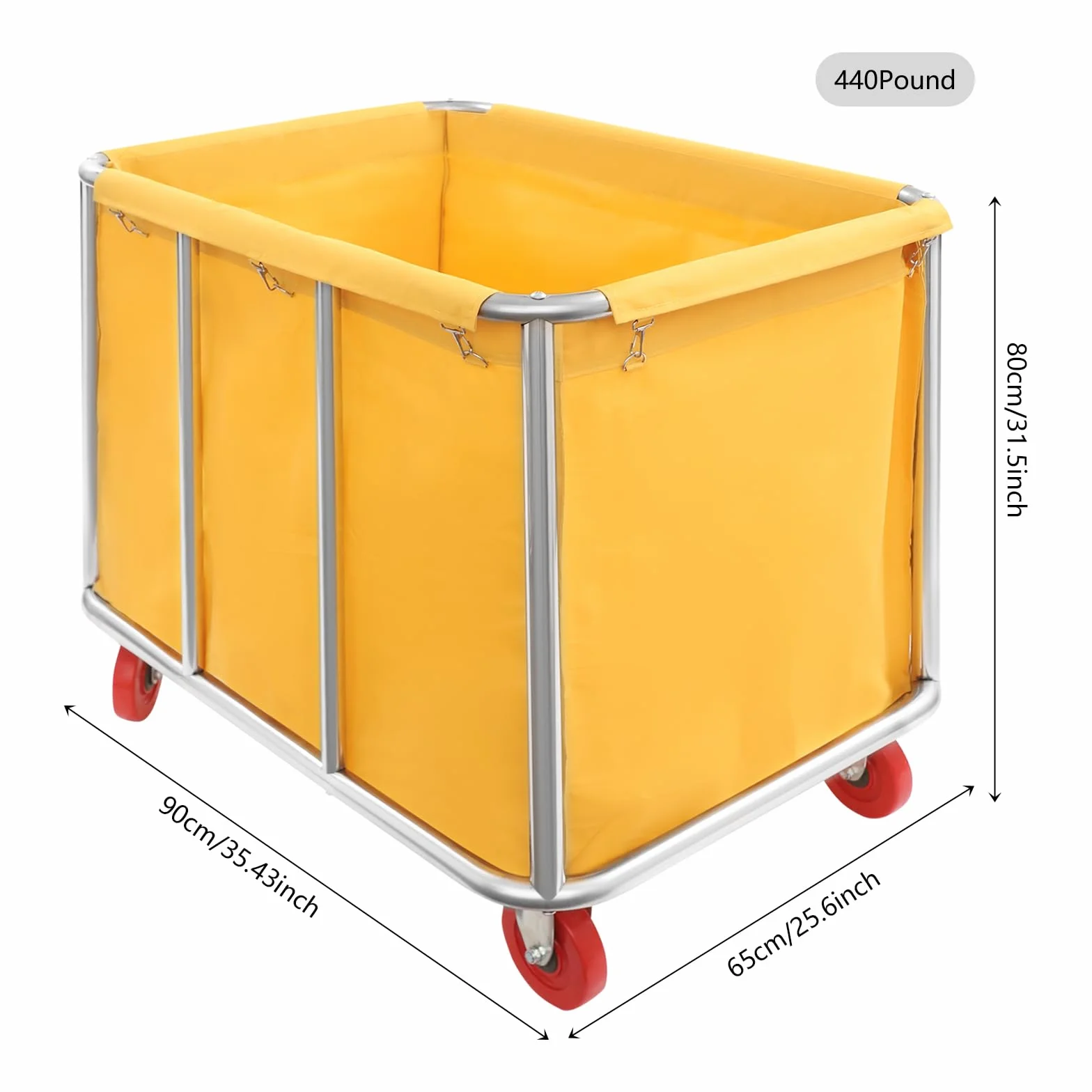 Carrello per la biancheria, 90 x 65 x 80 cm, in acciaio inox, con ruote, portata fino a 200 kg, per hotel, ospedali, lavanderia (giallo)