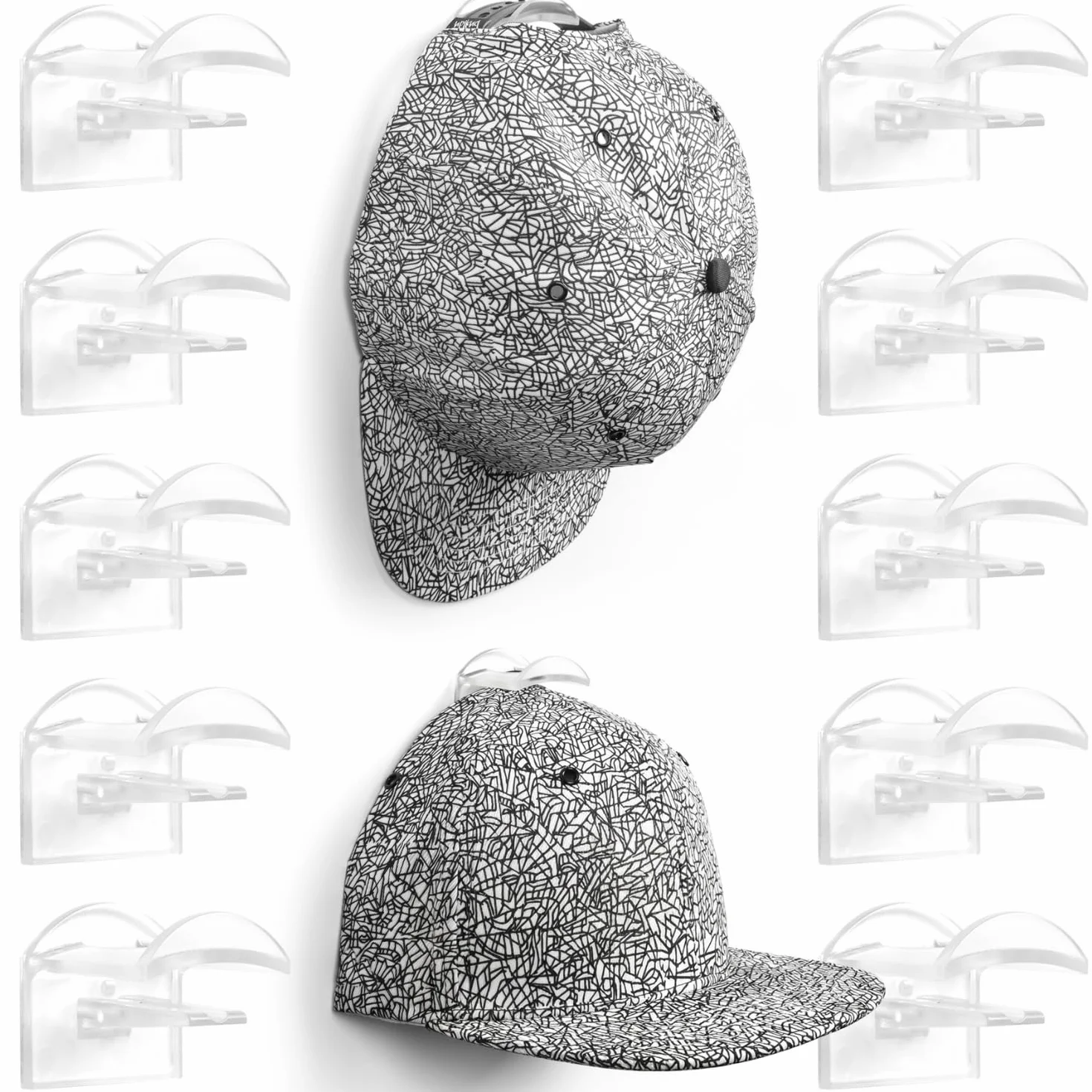 Ganci Porta Cappelli Trasparenti 10 Pezzi – Appendi Cappellini Invisibili Senza Trapano Supporti (Adesivi o con Viti) Elegante Organizer per Cappellino Parete Armadio Porta Giacche da Ingresso Camera