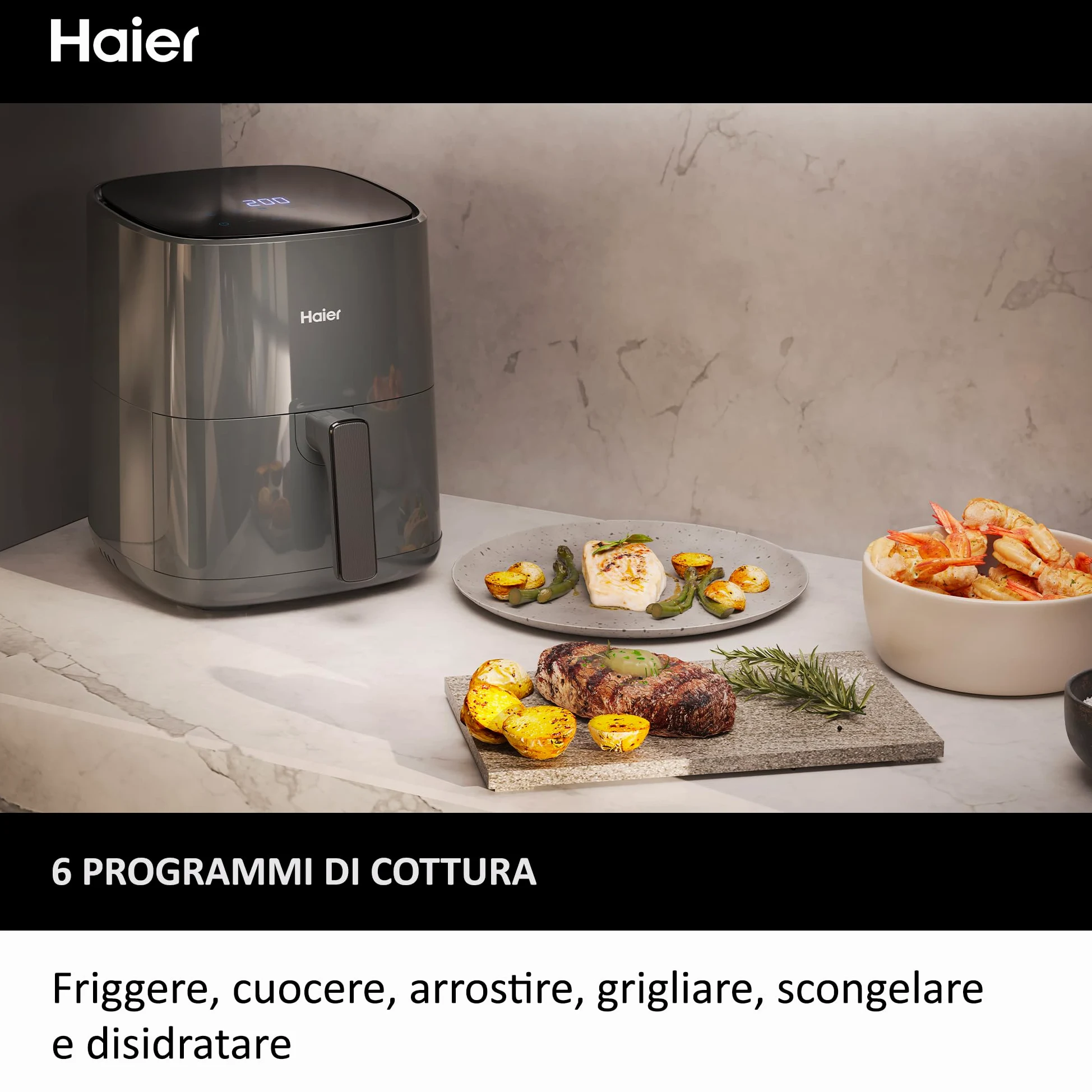 Haier Friggitrice ad aria I-Master, 6 in 1 con display touch, cuoci, arrostisci, griglia, scongela, capacità 5 litri per un massimo di 4 persone, [Nero]