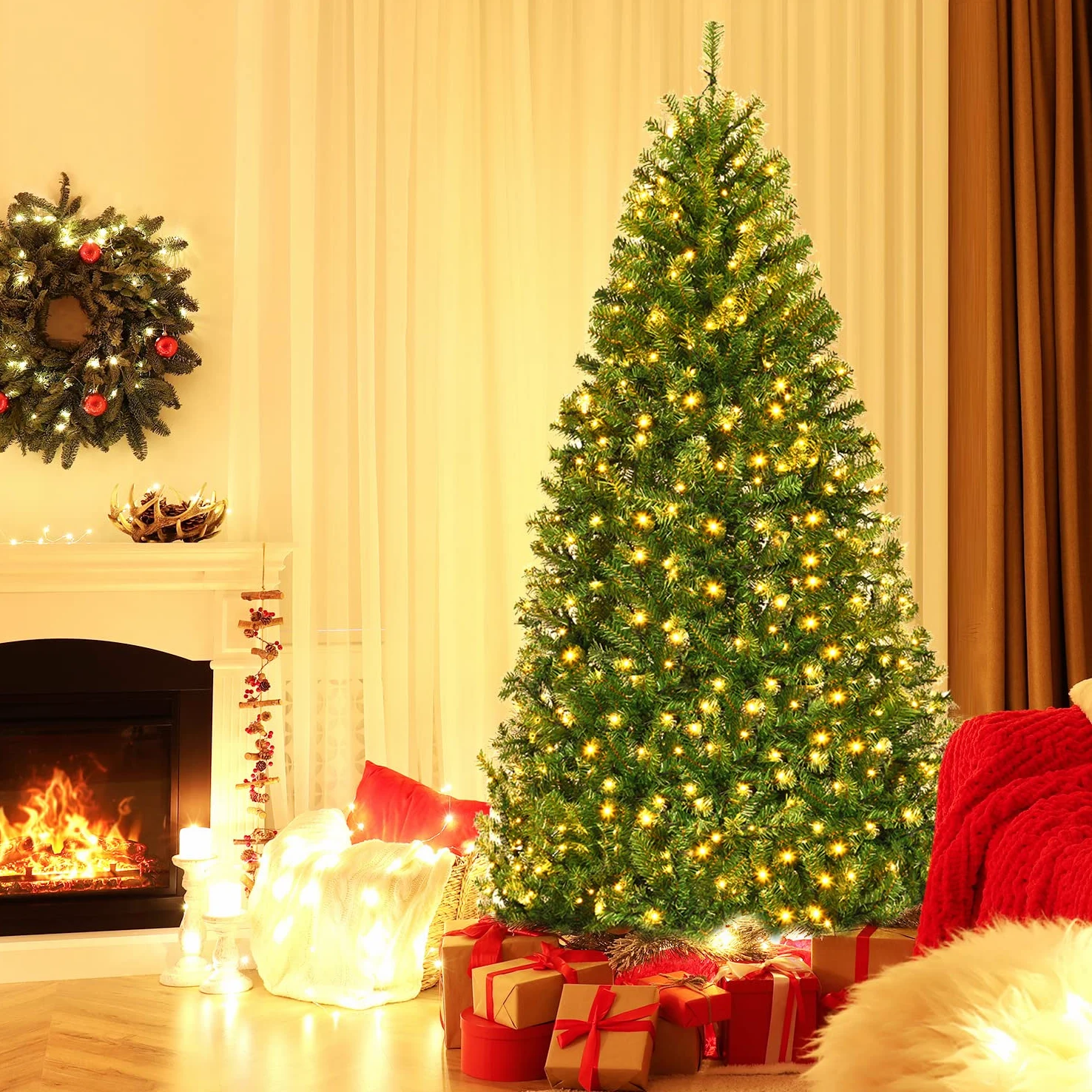 COSTWAY Albero di Natale 120/150/180/210 cm, Albero di Natale con Luci Incorporate 11 Modalità di Illuminazione, 300/600/1000/1570 Rami e Base in Metallo, Perfetta per Casa e Negozio (180cm)