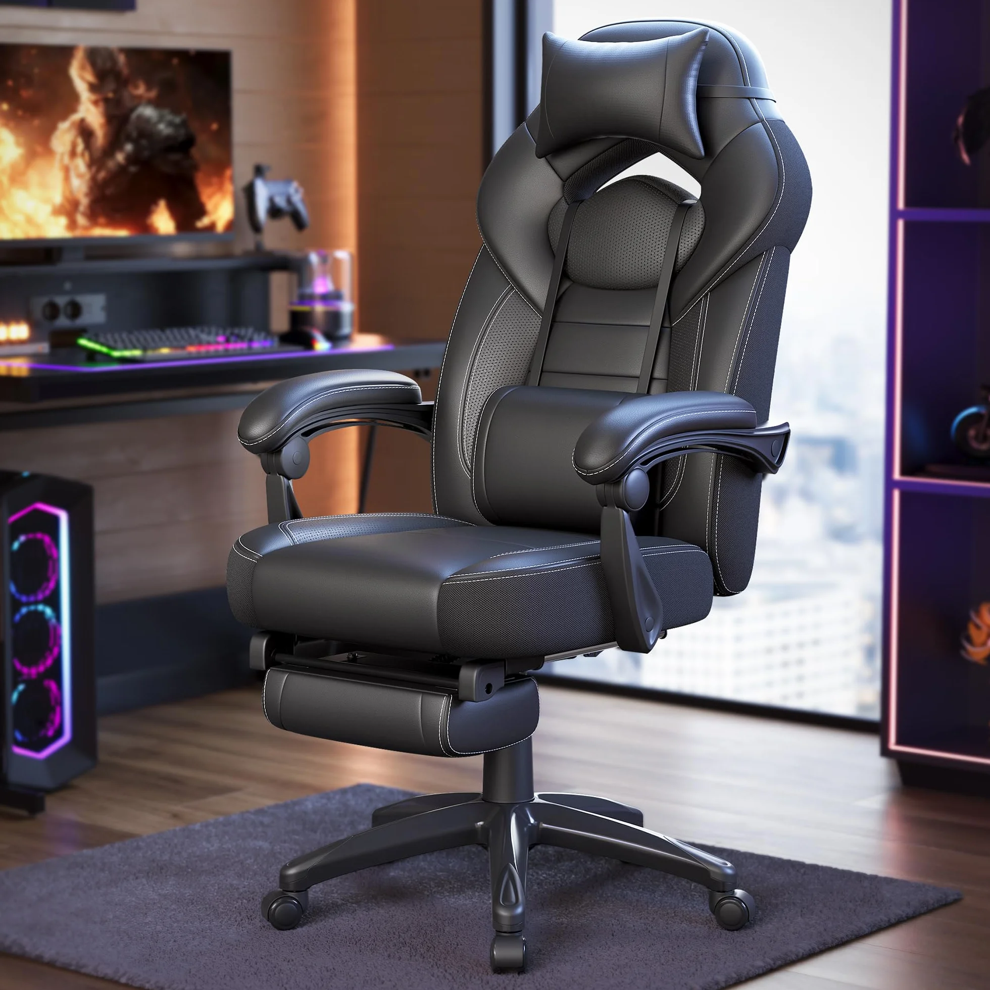 SONGMICS Sedia Gaming, Sedia Ufficio Scrivania, Ergonomico, con Poggiapiedi, Poggiatesta Regolabile, Cuscino Lombare, Portata 150 kg, Nero OBG077B01