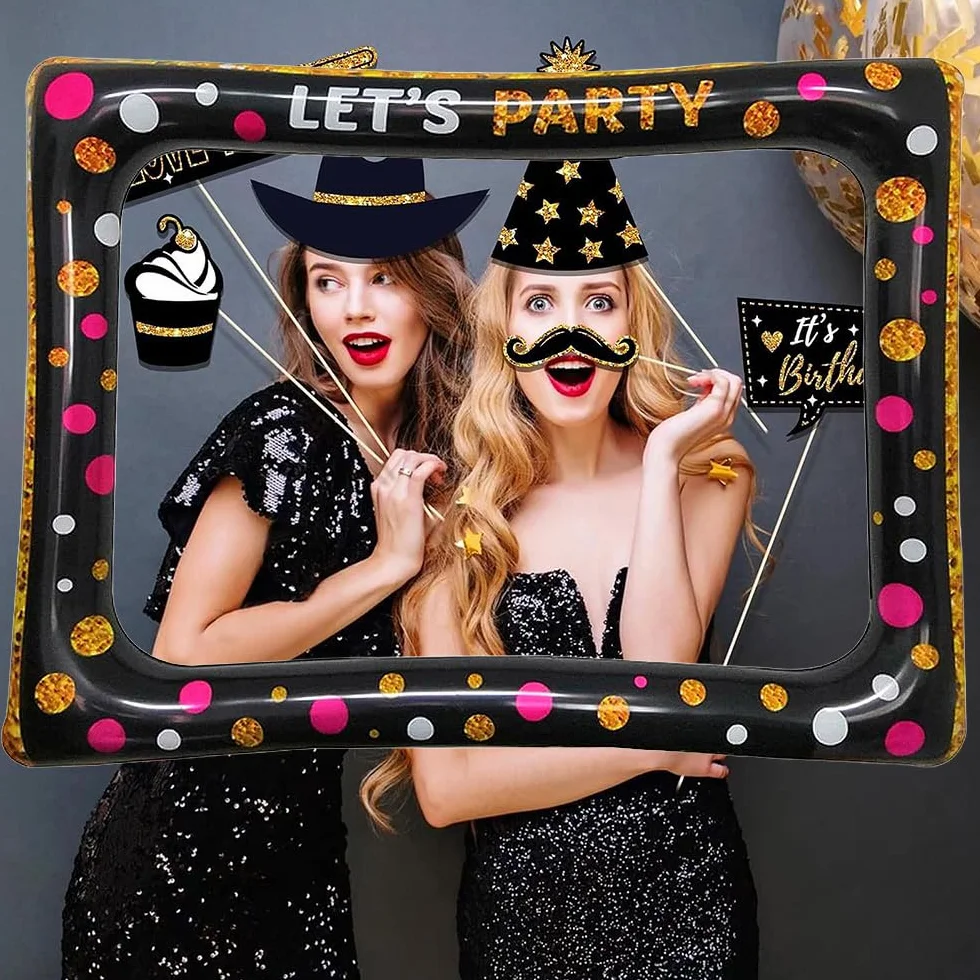 37 Pezzi Cornice per Foto Compleanno, Oro Nero Photo Booth Kit, Cornice per Selfie, Accessori Fai da Te per Festa