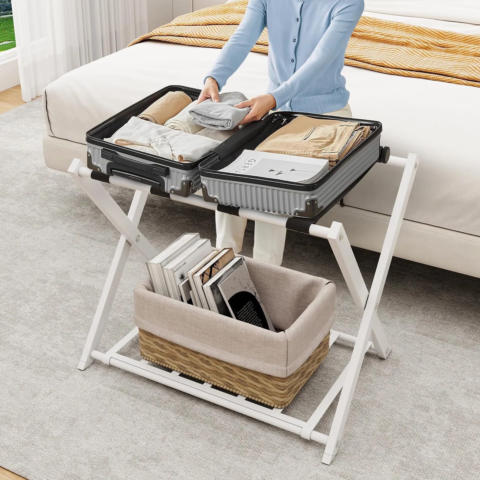 GYMAX Portavaligia da Hotel in Ferro 50 kg Pieghevole a 2 Ripiani 68x45x57 cm 2 Pezzi Bianco