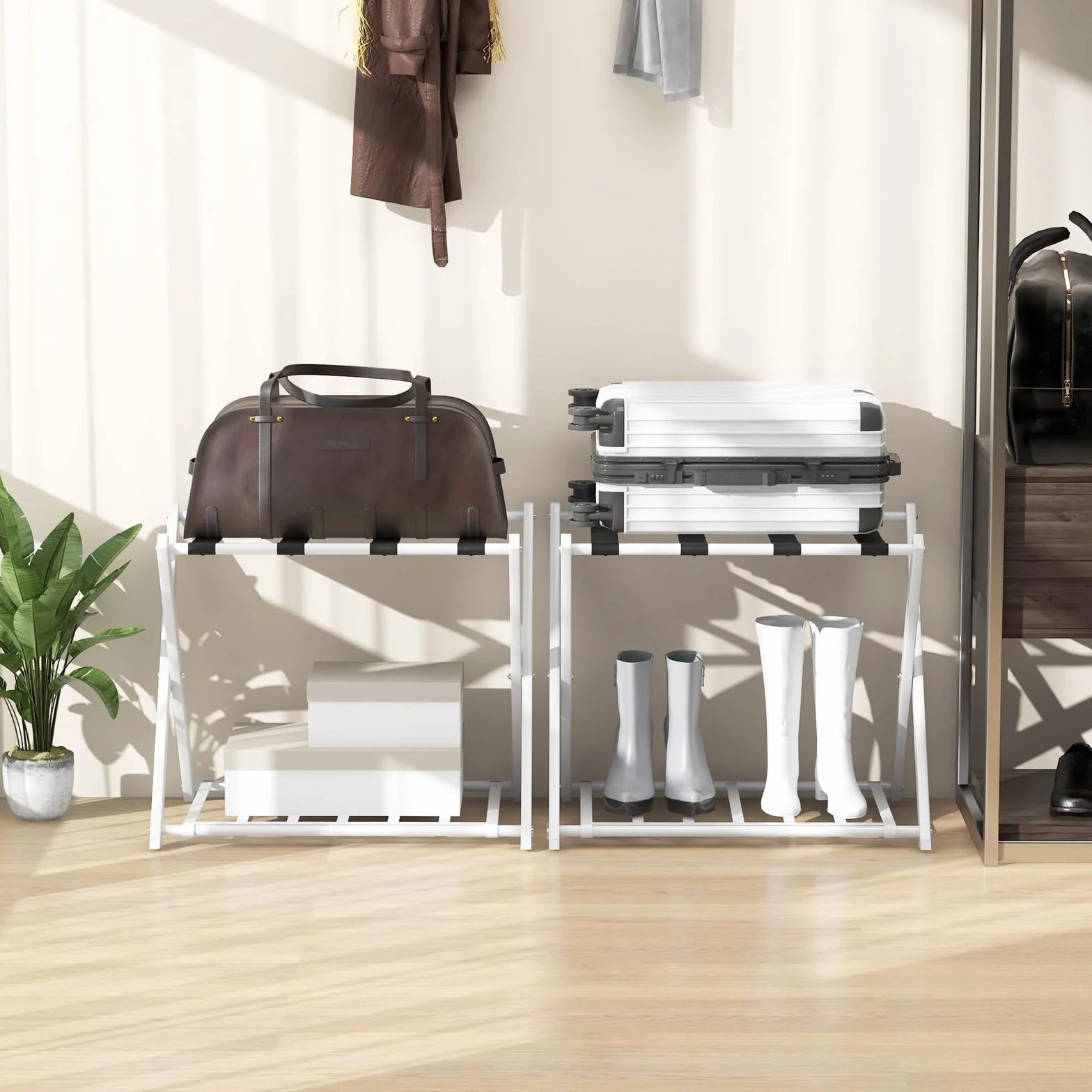 COSTWAY Portavaligie Pieghevole a 2 Ripiani in Metallo 68x43x56 cm Bianco
