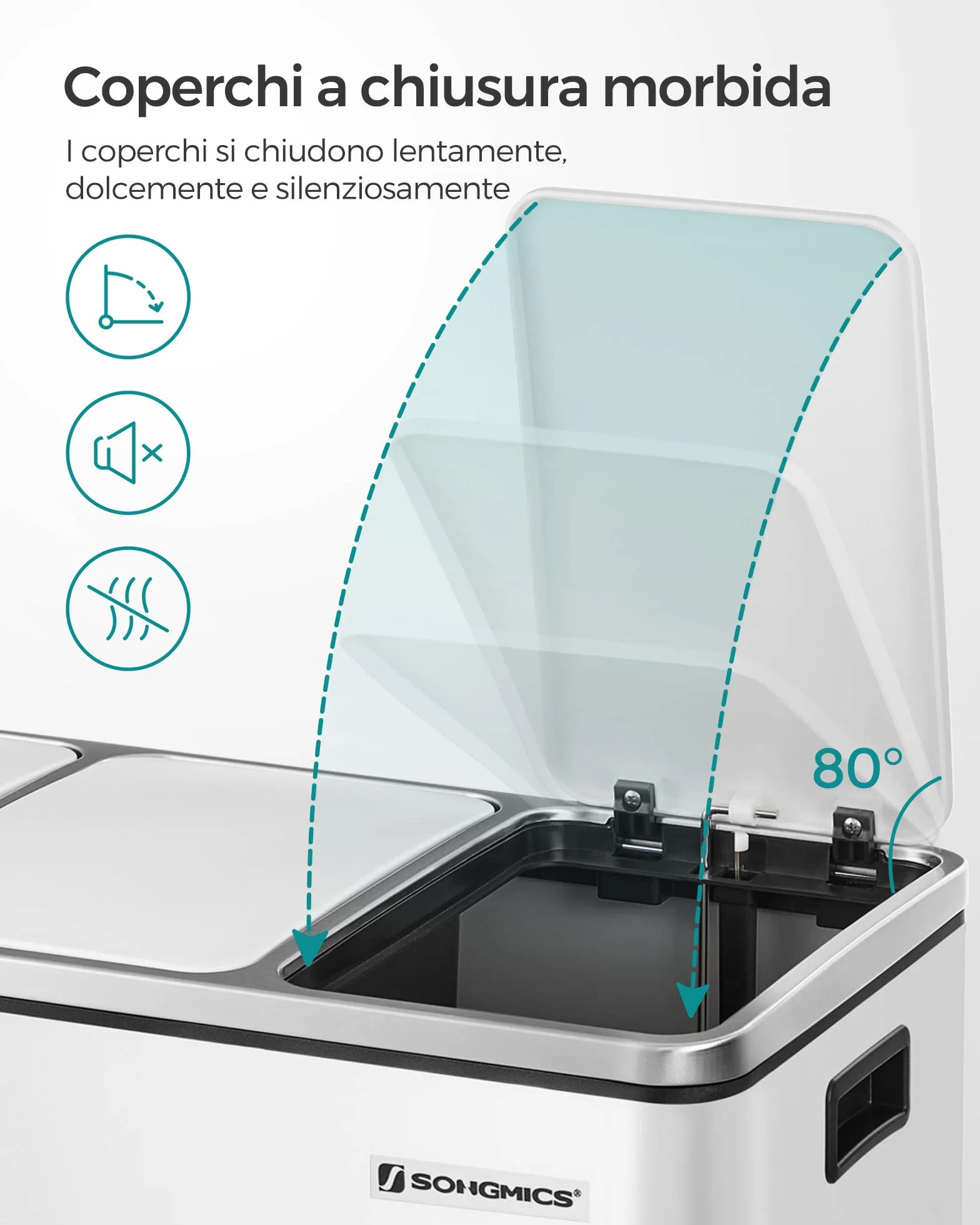 SONGMICS Cestino da Cucina, Pattumiera per Raccolta Differenziata 3 x 18L, 3 Scomparti per Riciclaggio, Coperchi a Chiusura Morbida, Pedali, Acciaio, Bianco Nuvola LTB54WT