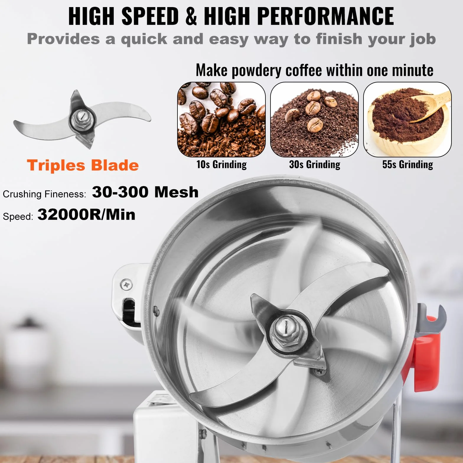VEVOR 2500g Mulino Elettrico per Cereali, Macina Spezie Commerciale 3400 W, Macchina per Polverizzazione in Acciaio Inossidabile, per Cereali Secchi, Spezie, Caffè, Mais, Pepe, Tipo Oscillante