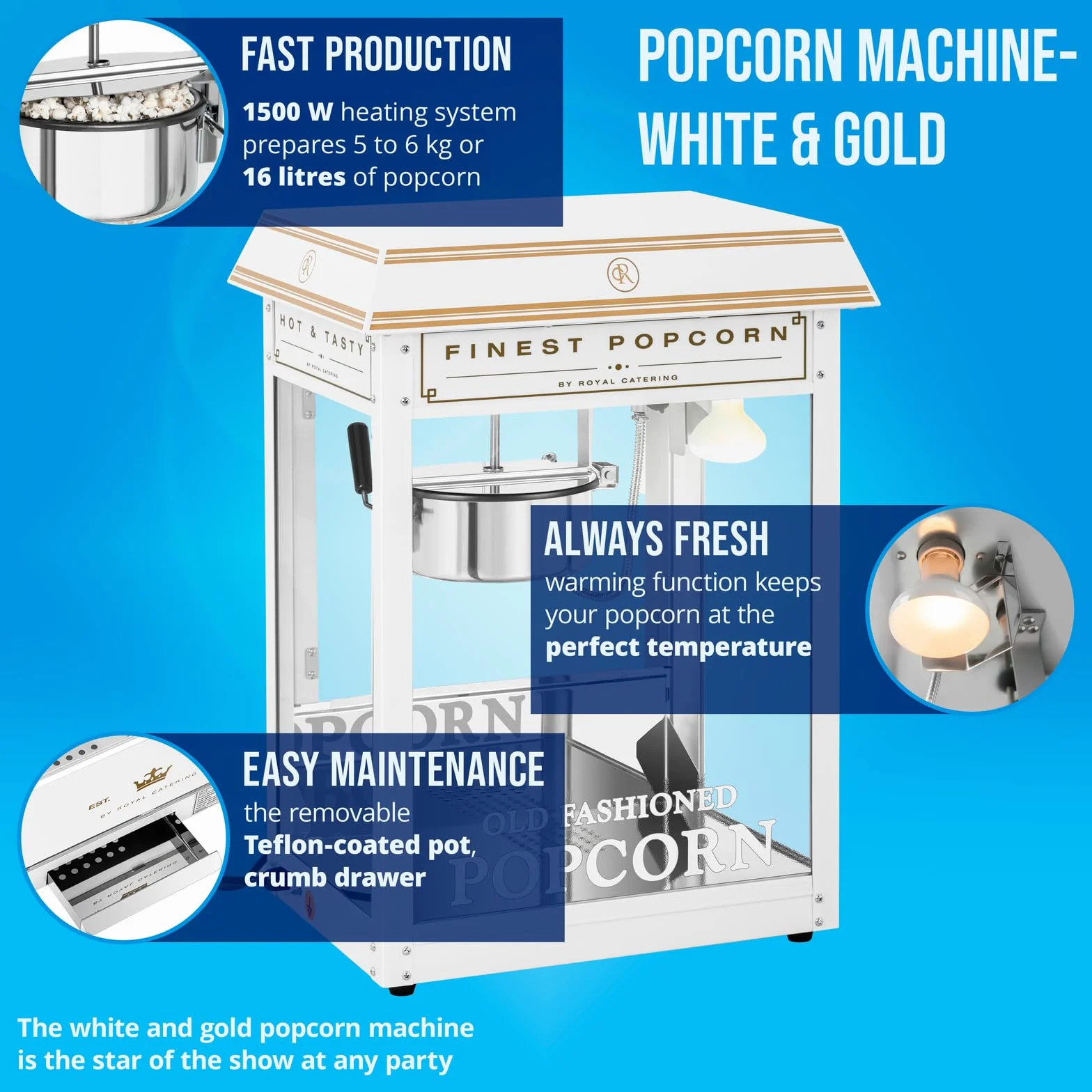 Royal Catering Macchina Per Pop Corn Professionale Macchina Per Fare Pop-Corn RCPS-WG1 (Bianca/Dorata, 1500 W, 5 kg/h, Con Accessori)