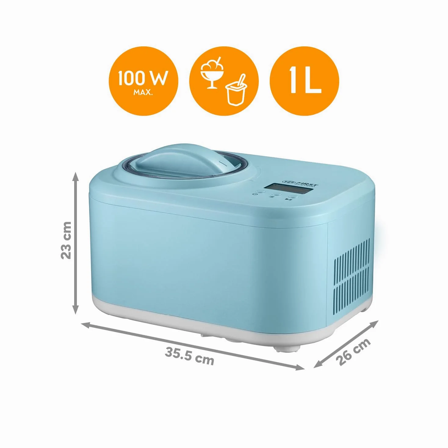 TZS First Austria - Gelatiera 1L con Compressore 3-in-1-100W Macchina per Gelato Autorefrigerante per Frozen Yogurt, Sorbetti e Gelato - Turchese