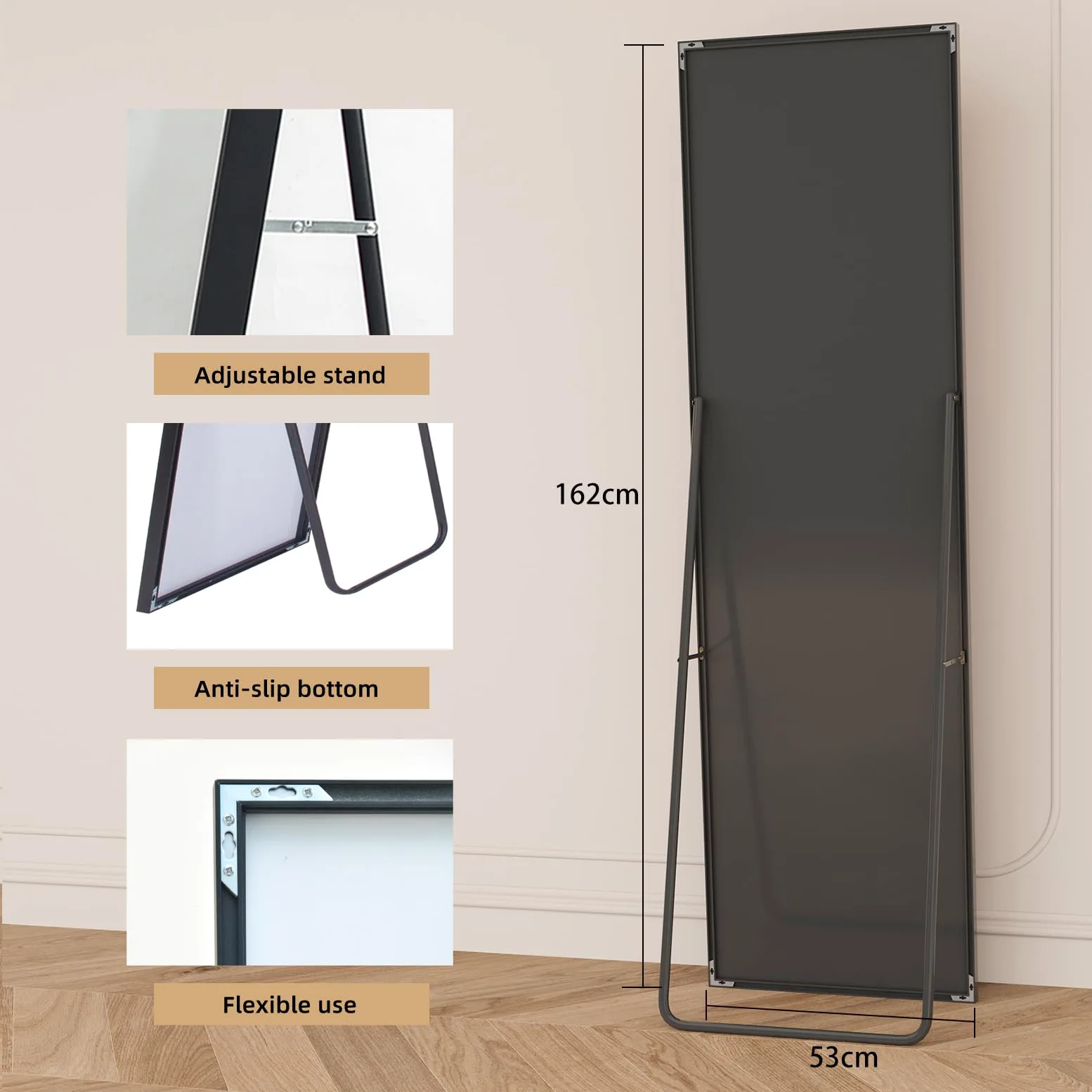 Specchio Rettangolare da Pavimento 162x53cm Grande Specchio Bombato Con Telaio In Lega Di Alluminio Vetro Temperato Appoggio A Terra O Inclinabile Per Camera Soggiorno Spogliatoio (Nero)