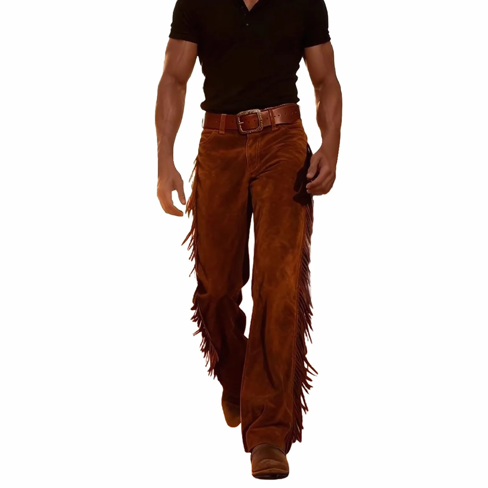 Cowboy Pantaloni da uomo Western Hippie con frange in pelle scamosciata a vita alta elasticizzata