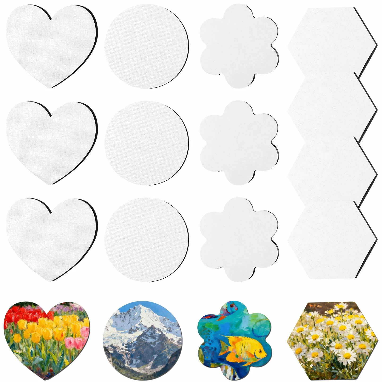 13 PzTela per Dipingeres, Mini Tele per Dipingere Cotone Magnetici, Piccole Arte Tele da Dipingere Tela Bianca Magnetici Pittura su Tela per olio e acquerello (cuore, rotondo, fiore, esagono)