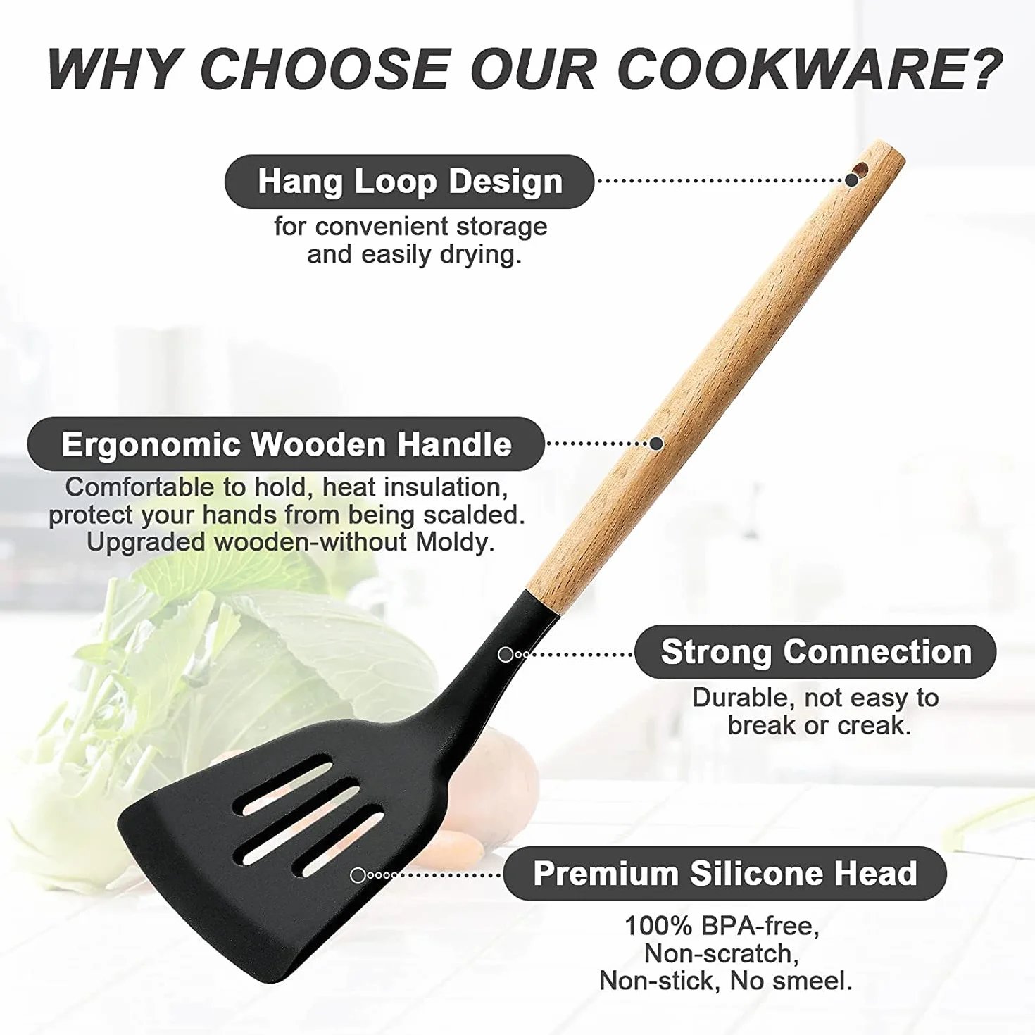 Set di 34 utensili da cucina in silicone, resistenti al calore, con manici in acciaio inossidabile di alta qualità, per cucinare e cuocere, spatole antiaderenti, utensili da cucina (nero)